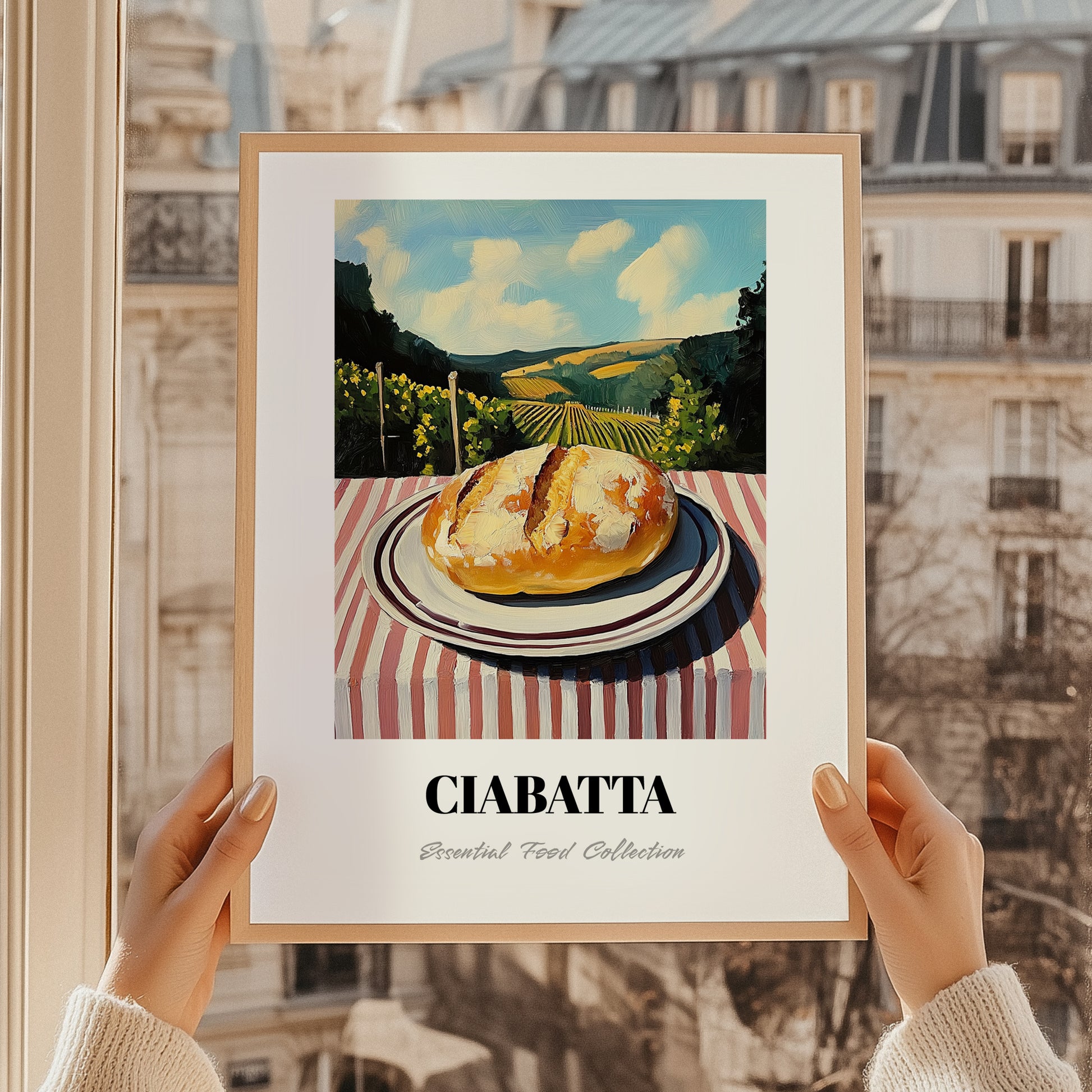 Ciabatta – Hilltop Café Scene, Italian Pastry Illustration, styled in a charming Paris street view