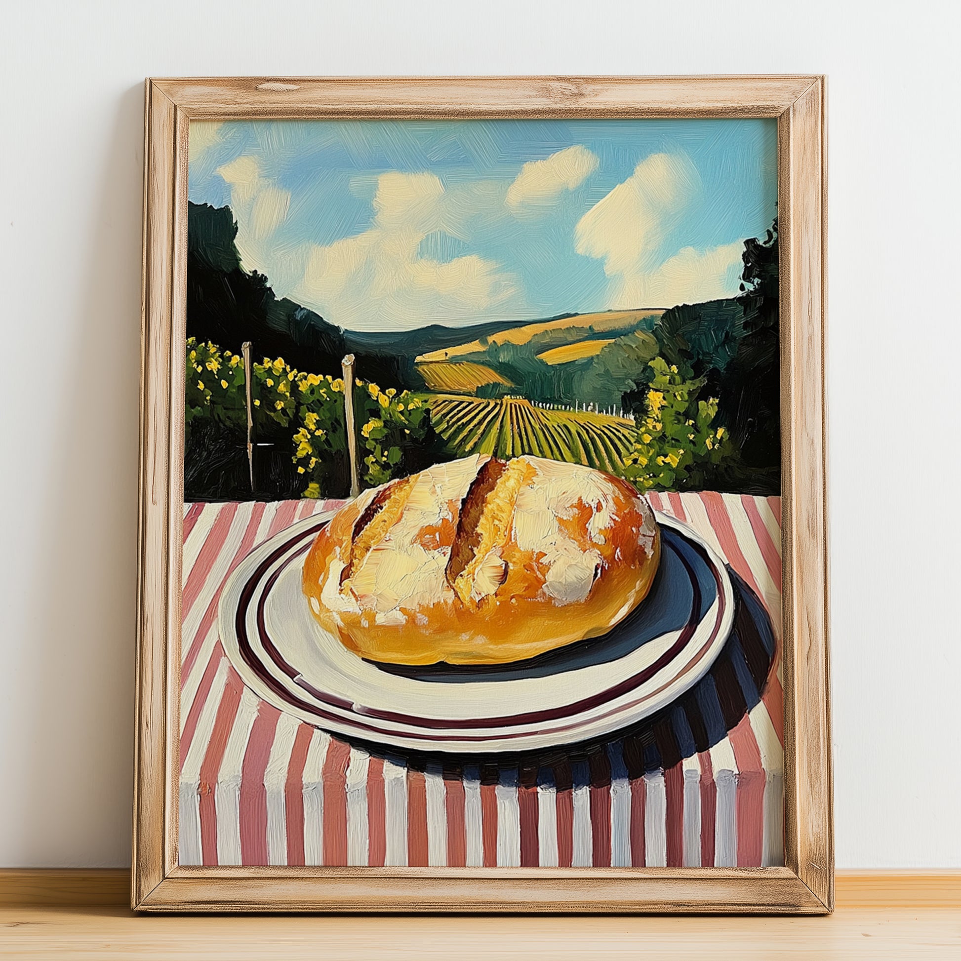 Ciabatta – Hilltop Café Scene, Italian Pastry Illustration, no-text version framed in wood
