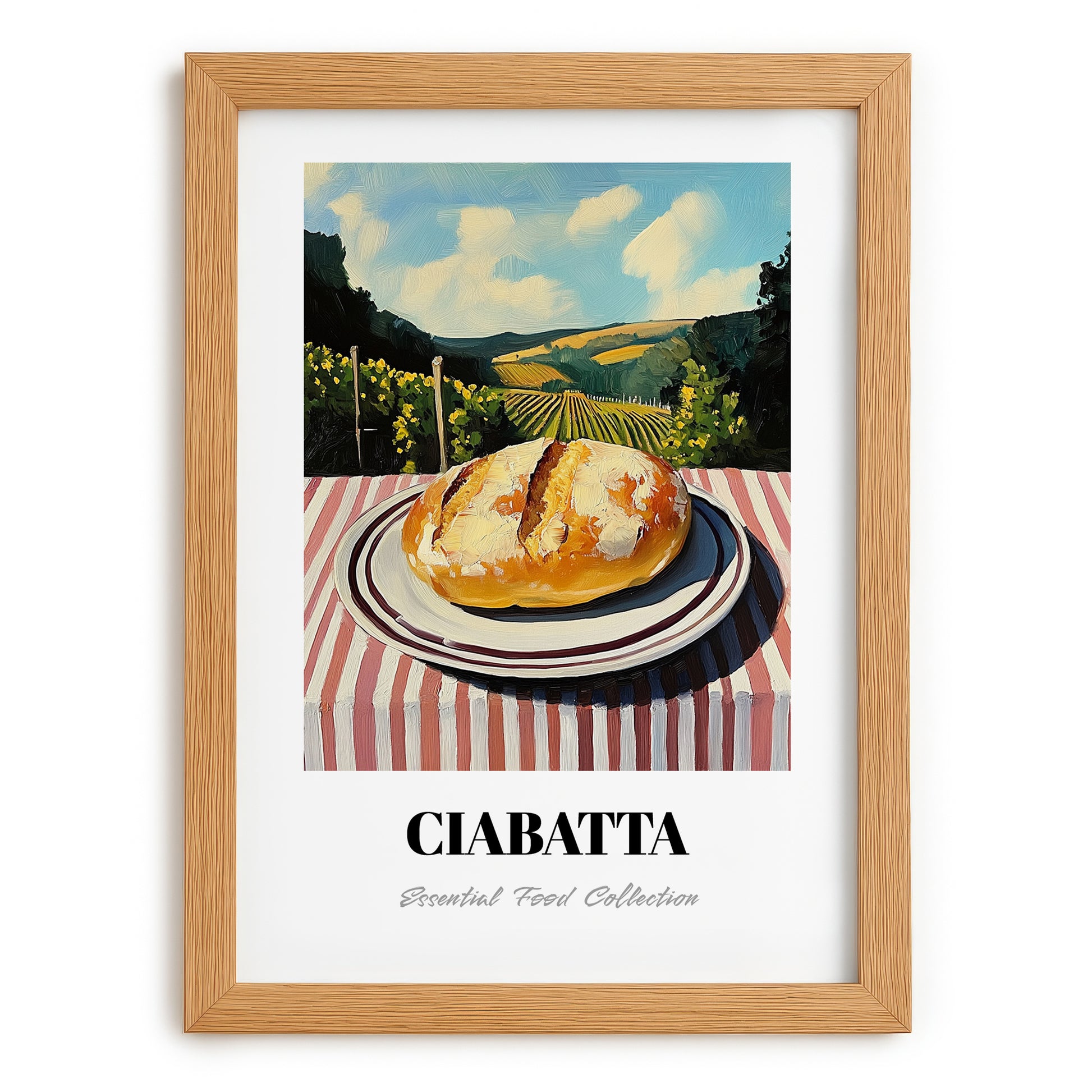 Ciabatta – Hilltop Café Scene, Italian Pastry Illustration, set in oak frame