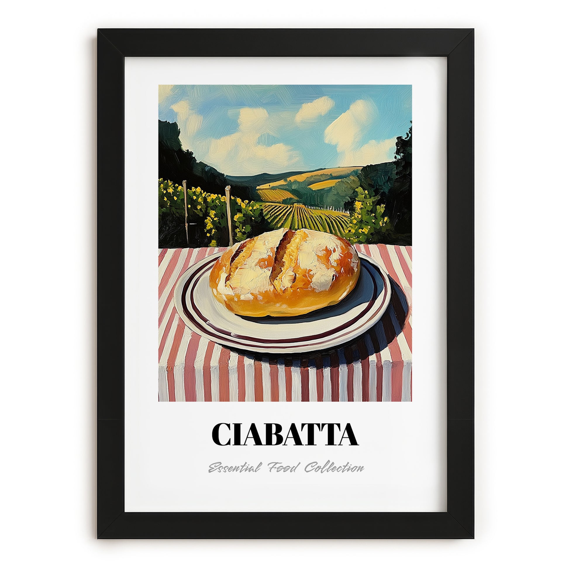 Ciabatta – Hilltop Café Scene, Italian Pastry Illustration, in sleek black frame