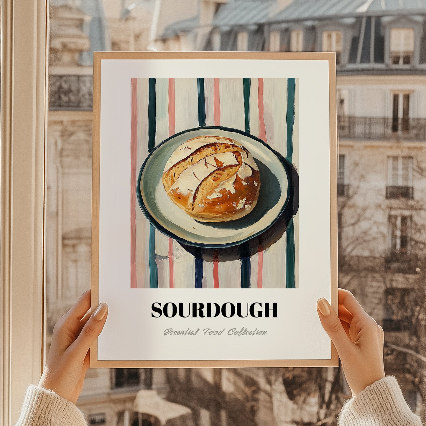 Sourdough – on Striped Tablecloth, American Food Still Life, styled in a charming Paris street view