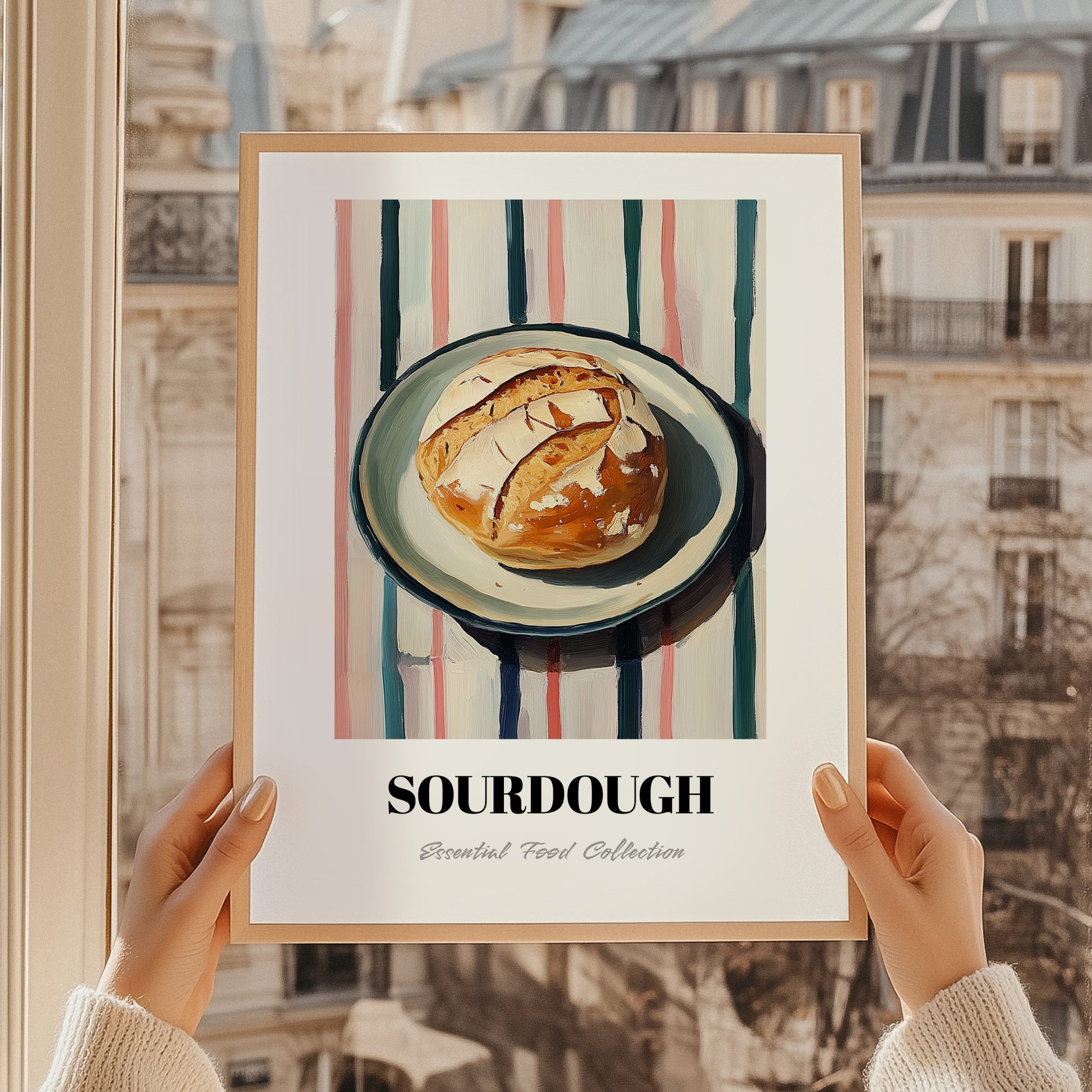 Sourdough – on Striped Tablecloth, American Food Still Life, styled in a charming Paris street view