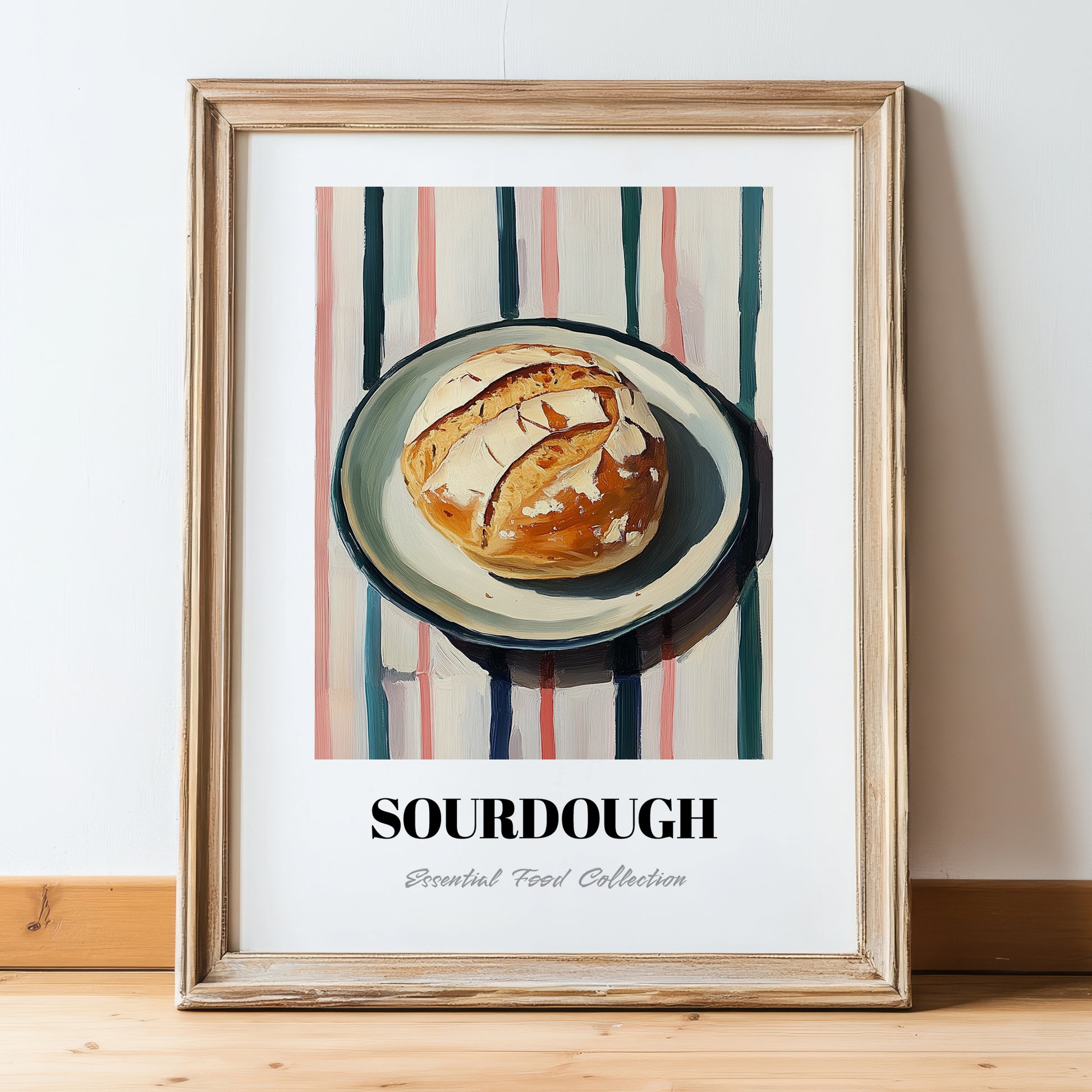 Sourdough – on Striped Tablecloth, American Food Still Life, in wooden frame leaning on the floor
