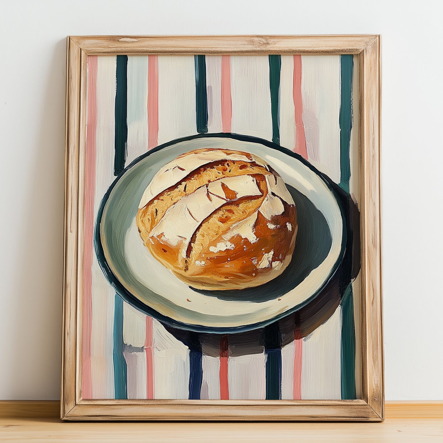 Sourdough – on Striped Tablecloth, American Food Still Life, no-text version framed in wood