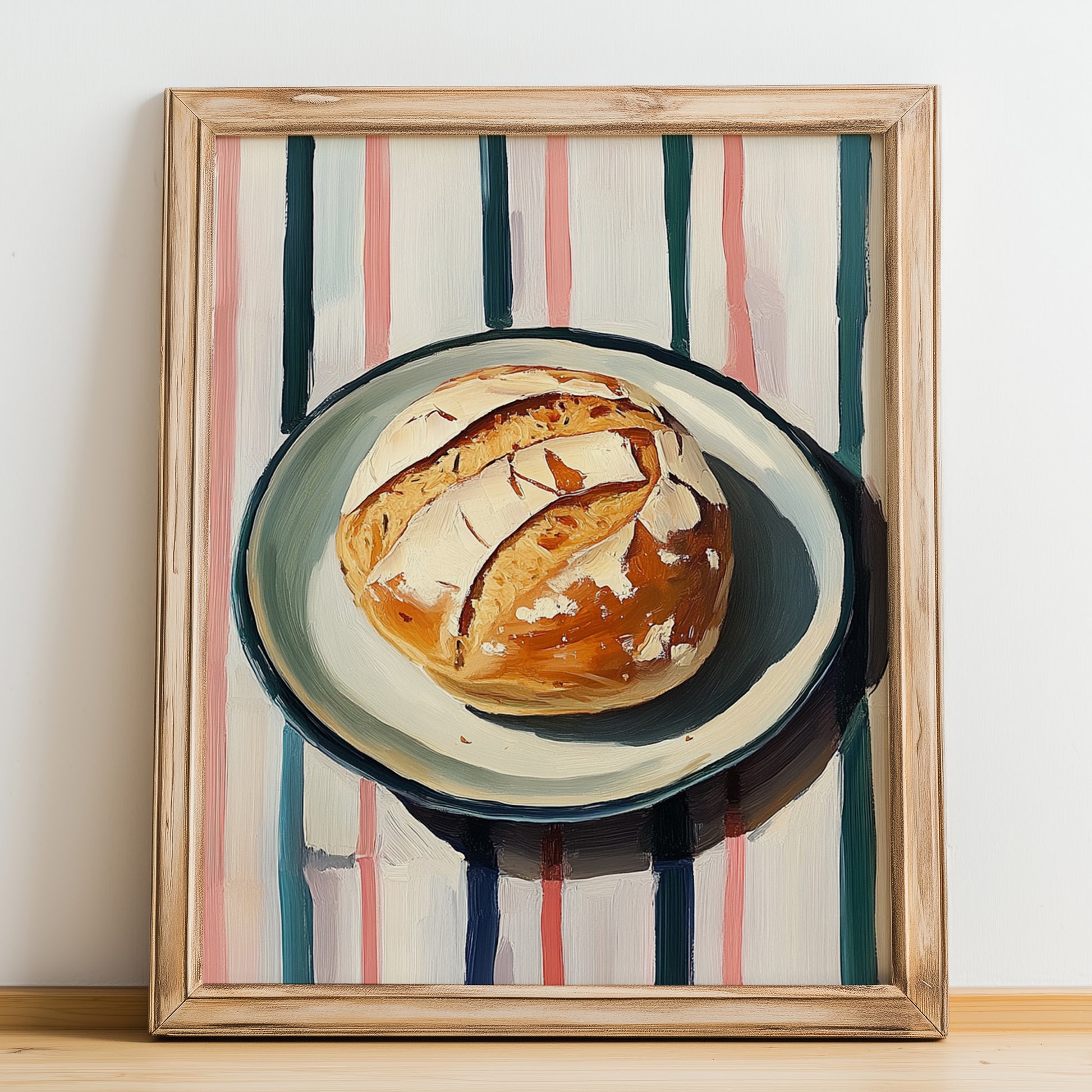 Sourdough – on Striped Tablecloth, American Food Still Life, no-text version framed in wood