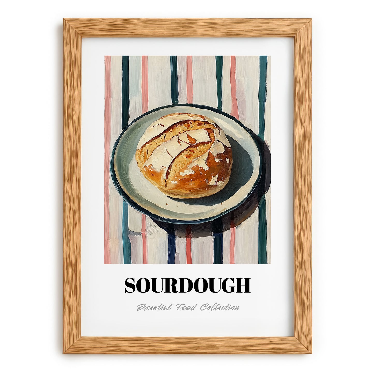 Sourdough – on Striped Tablecloth, American Food Still Life, set in oak frame