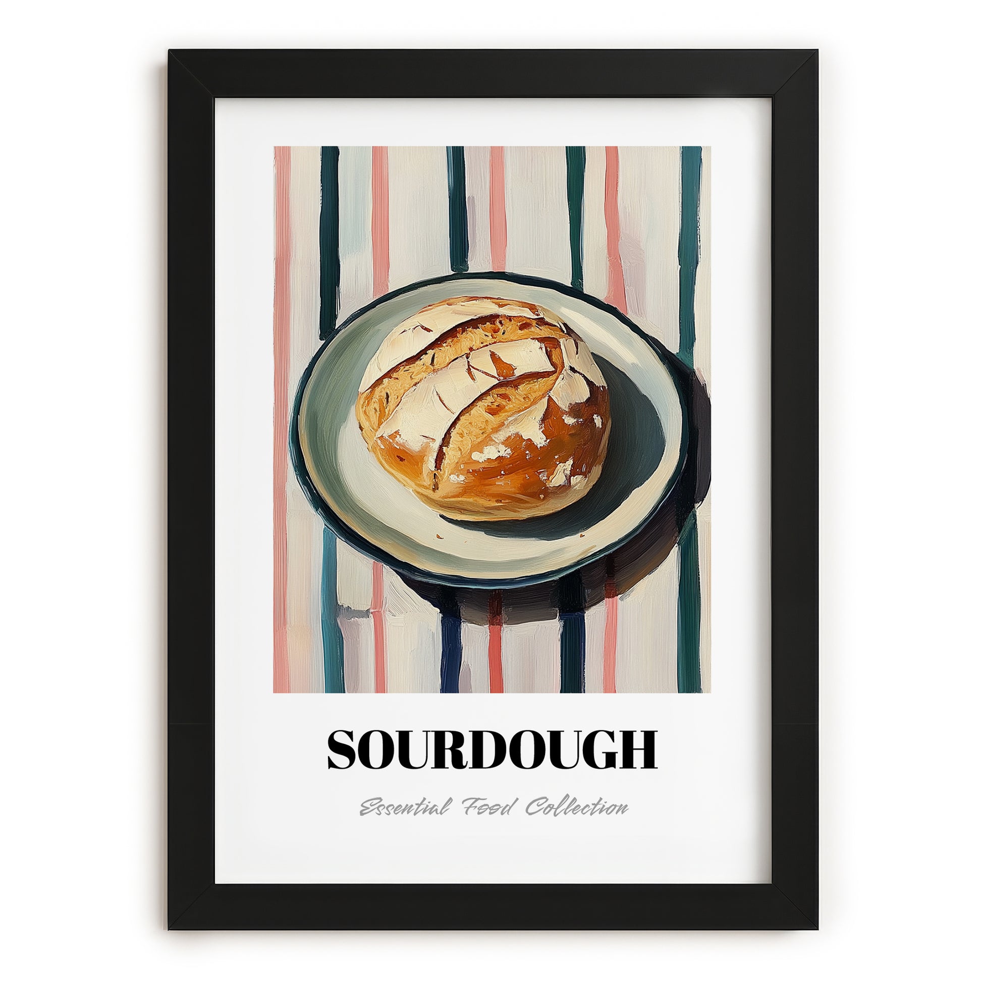 Sourdough – on Striped Tablecloth, American Food Still Life, in sleek black frame