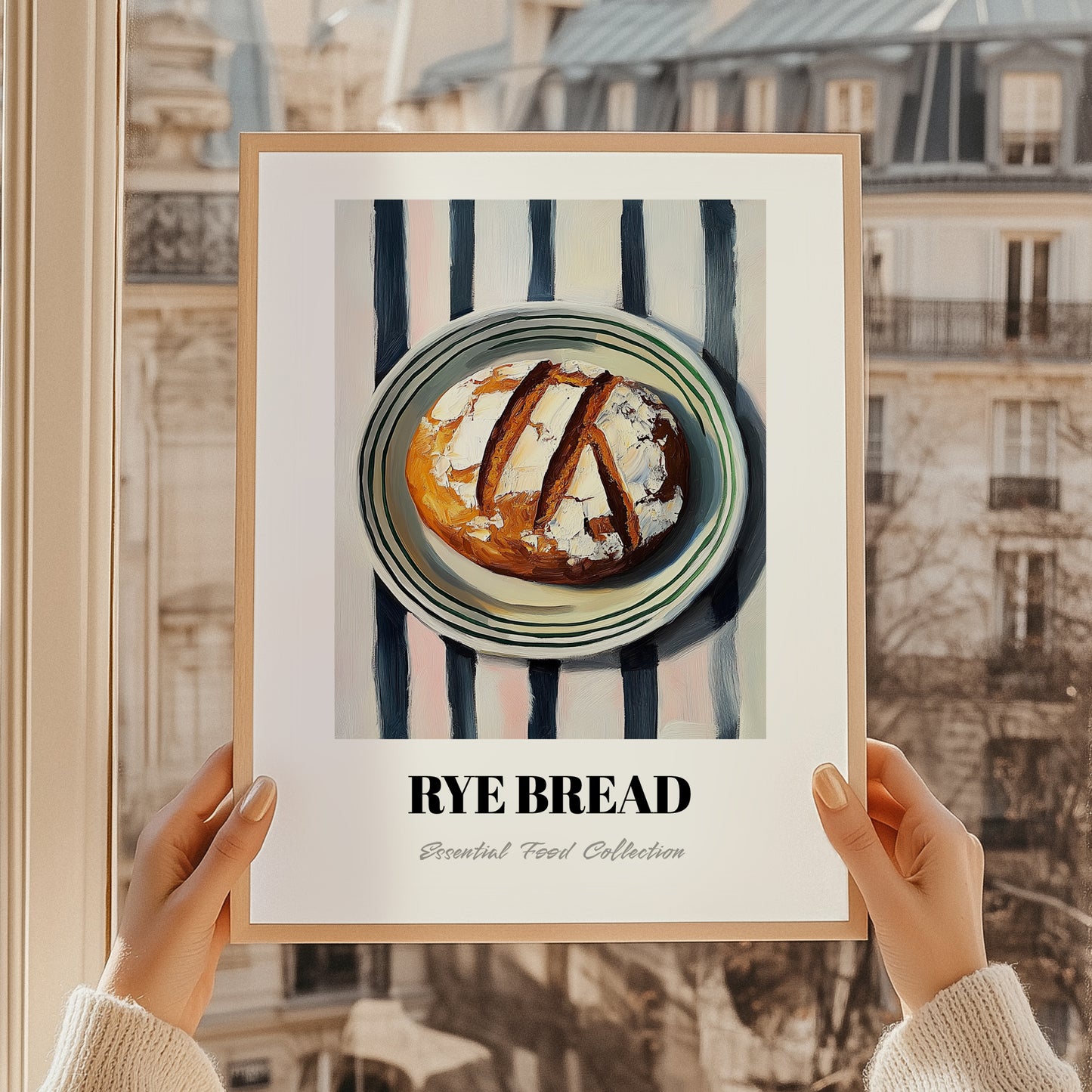 Rye Bread – on Striped Tablecloth, German Food Illustration, styled in a charming Paris street view