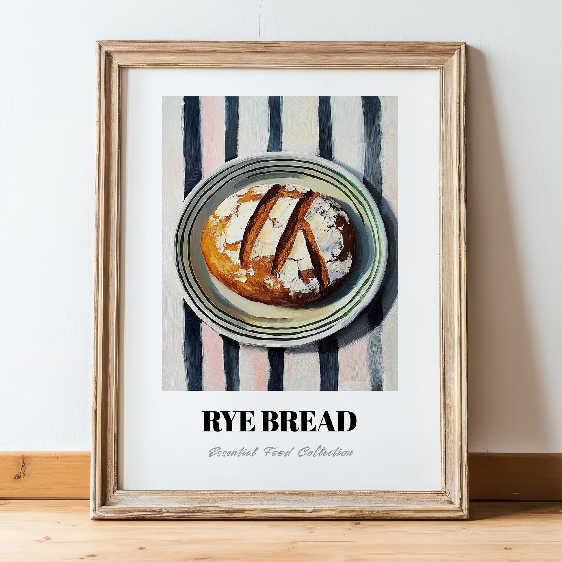 Rye Bread – on Striped Tablecloth, German Food Illustration, in wooden frame leaning on the floor