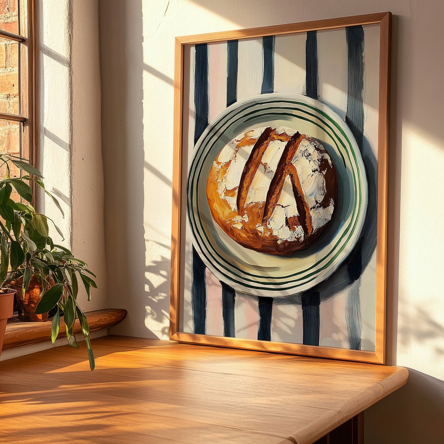 Rye Bread – on Striped Tablecloth, German Food Illustration, clean layout with no caption