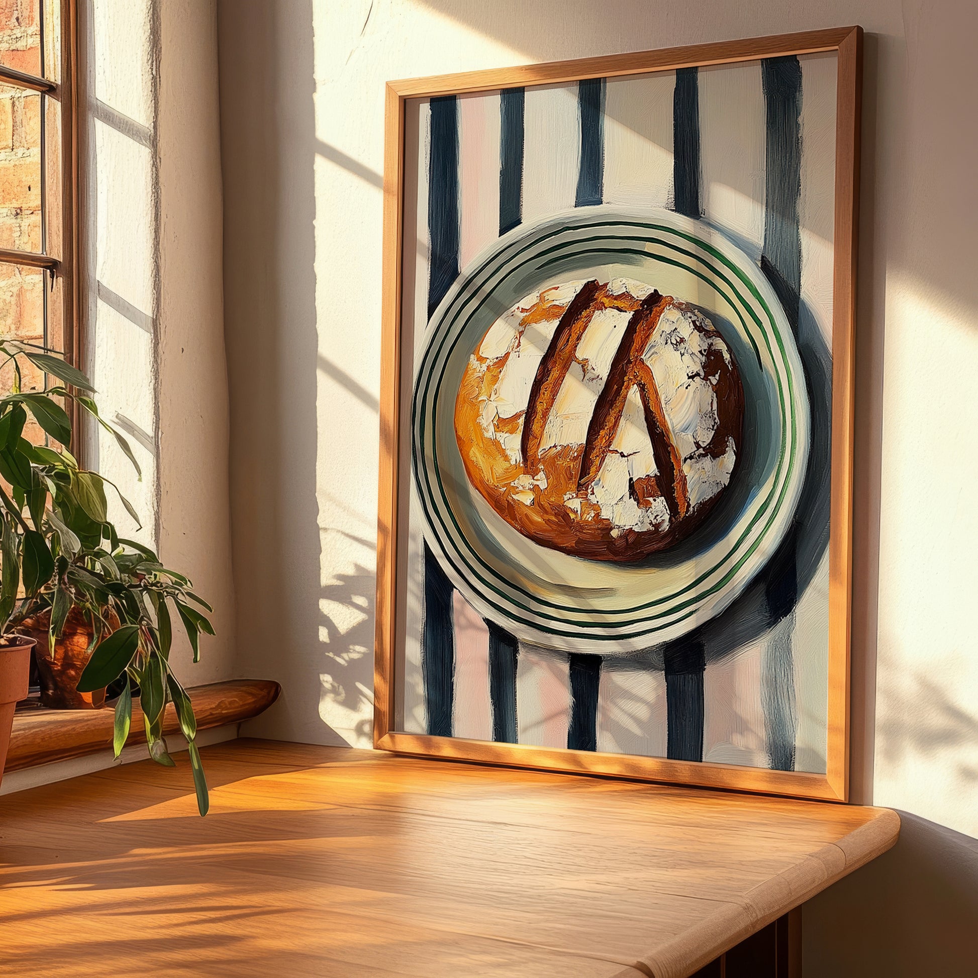 Rye Bread – on Striped Tablecloth, German Food Illustration, clean layout with no caption