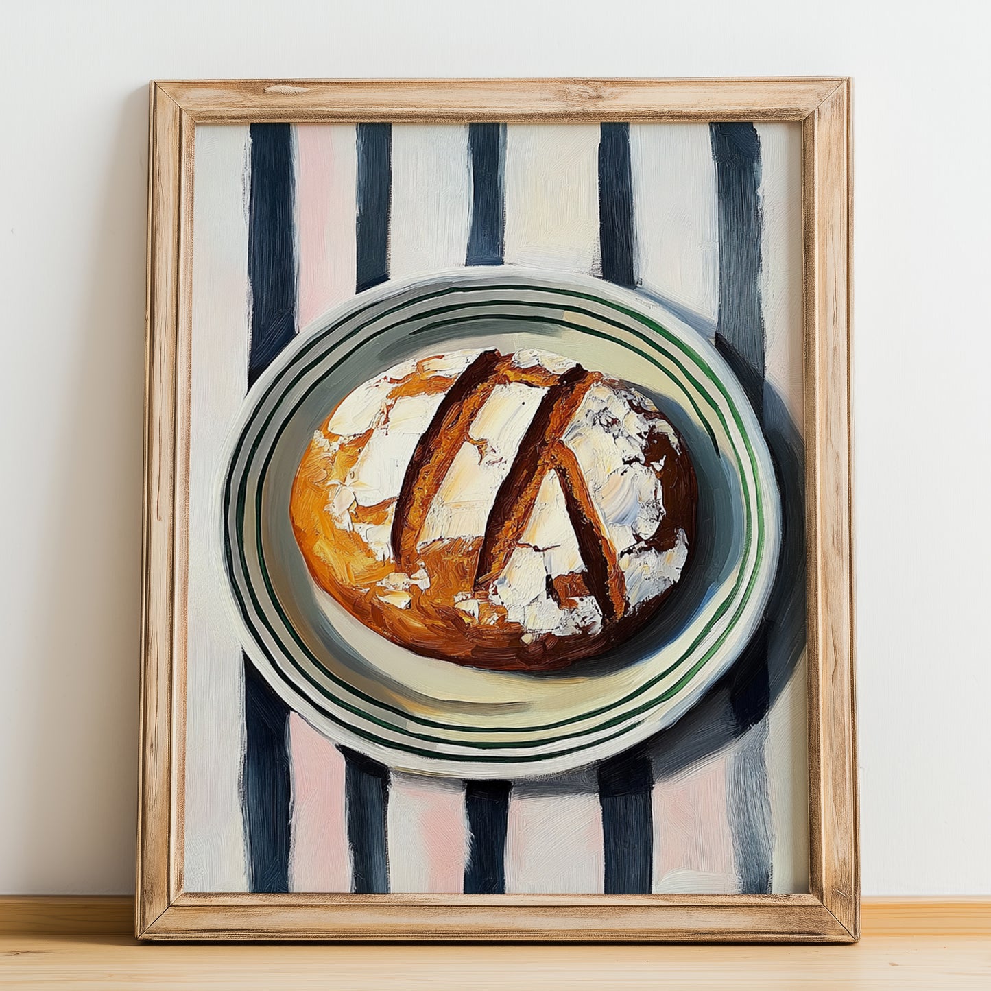 Rye Bread – on Striped Tablecloth, German Food Illustration, no-text version framed in wood