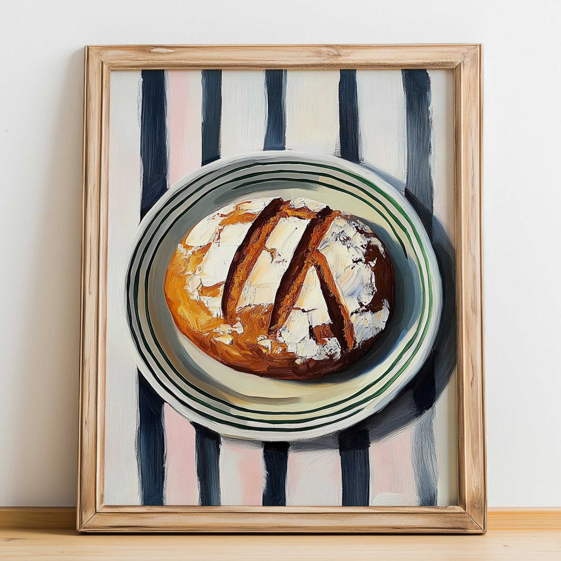 Rye Bread – on Striped Tablecloth, German Food Illustration, no-text version framed in wood