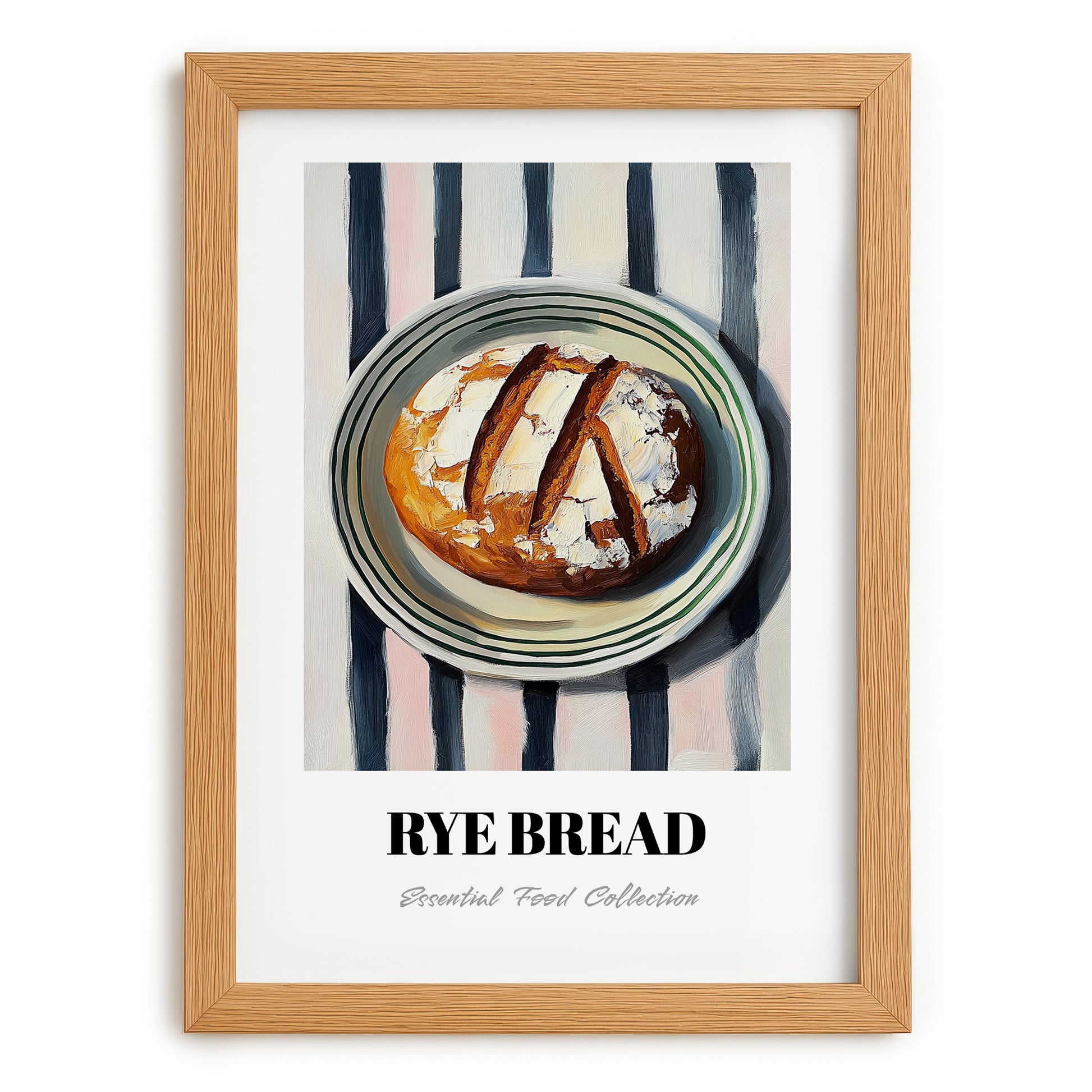 Rye Bread – on Striped Tablecloth, German Food Illustration, set in oak frame