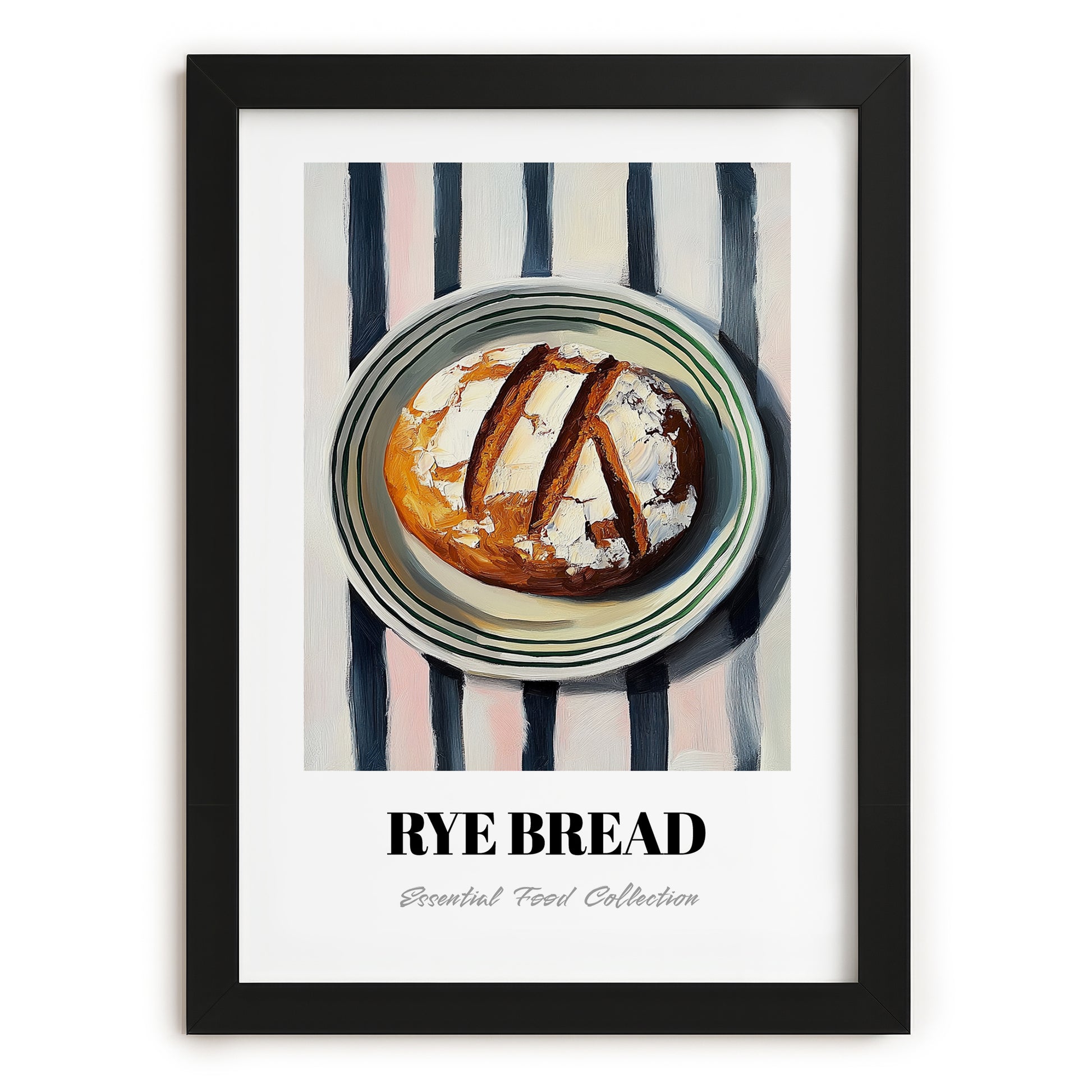 Rye Bread – on Striped Tablecloth, German Food Illustration, in sleek black frame