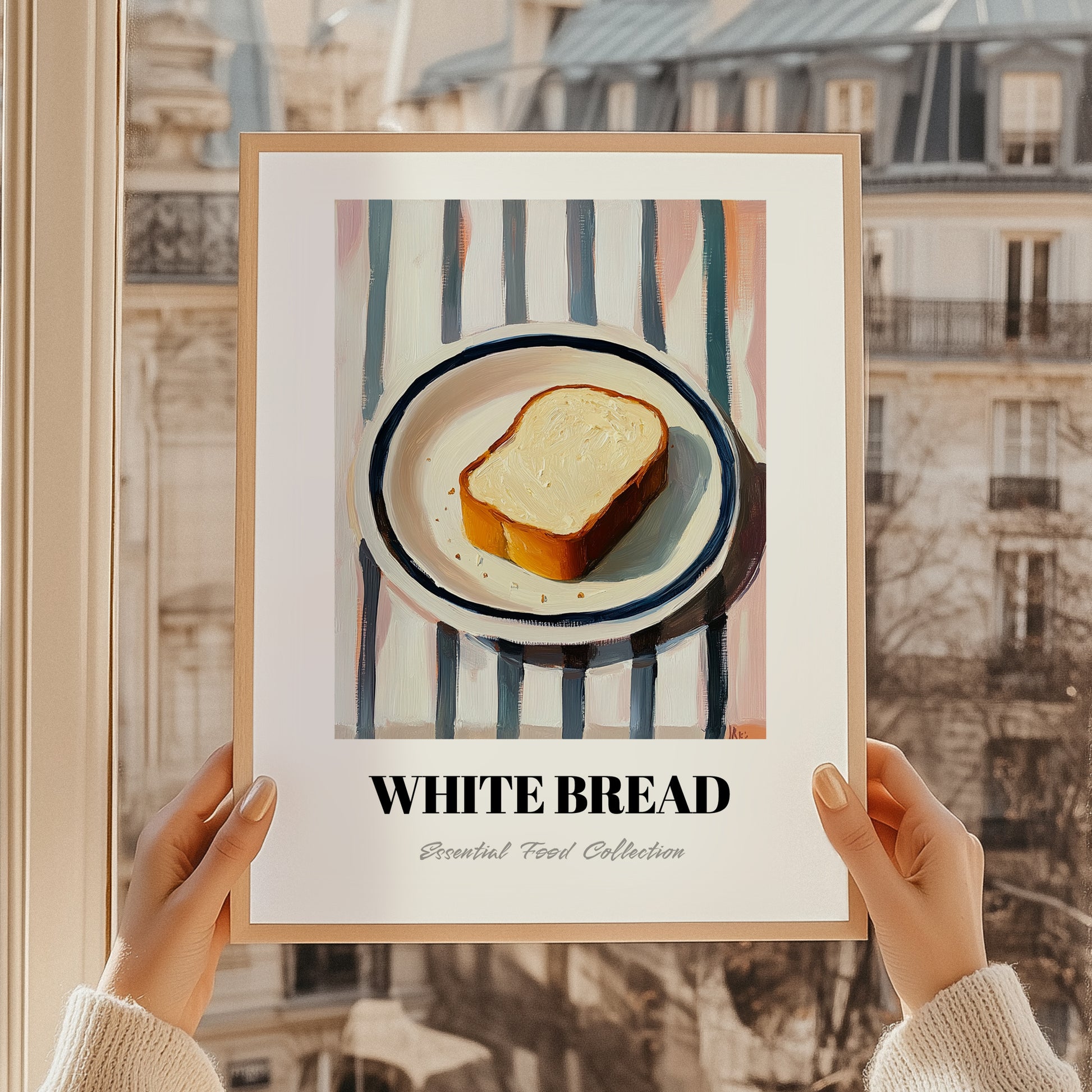 White Bread – on Striped Tablecloth, American Food Print, styled in a charming Paris street view