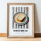 White Bread – on Striped Tablecloth, American Food Print, in wooden frame leaning on the floor