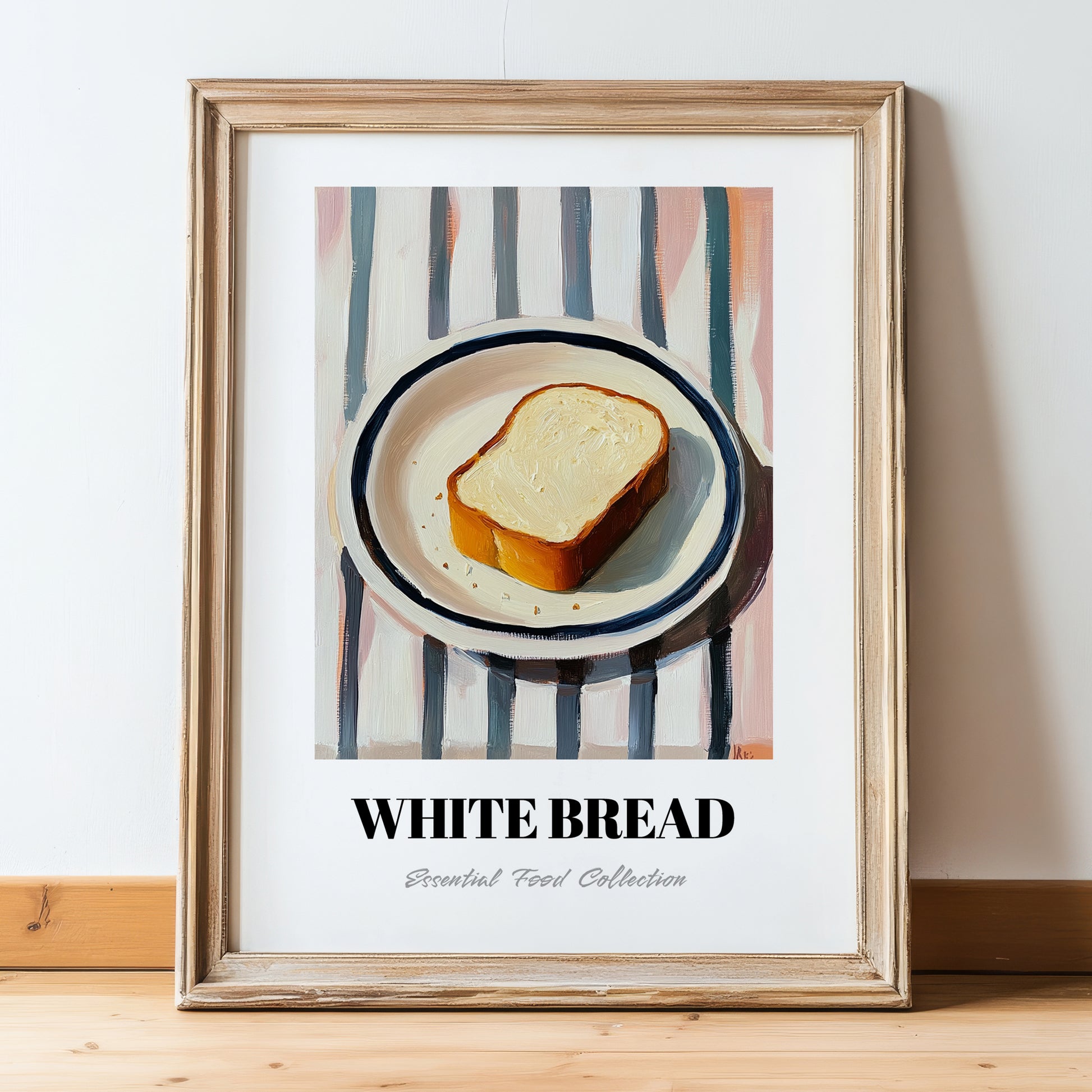 White Bread – on Striped Tablecloth, American Food Print, in wooden frame leaning on the floor