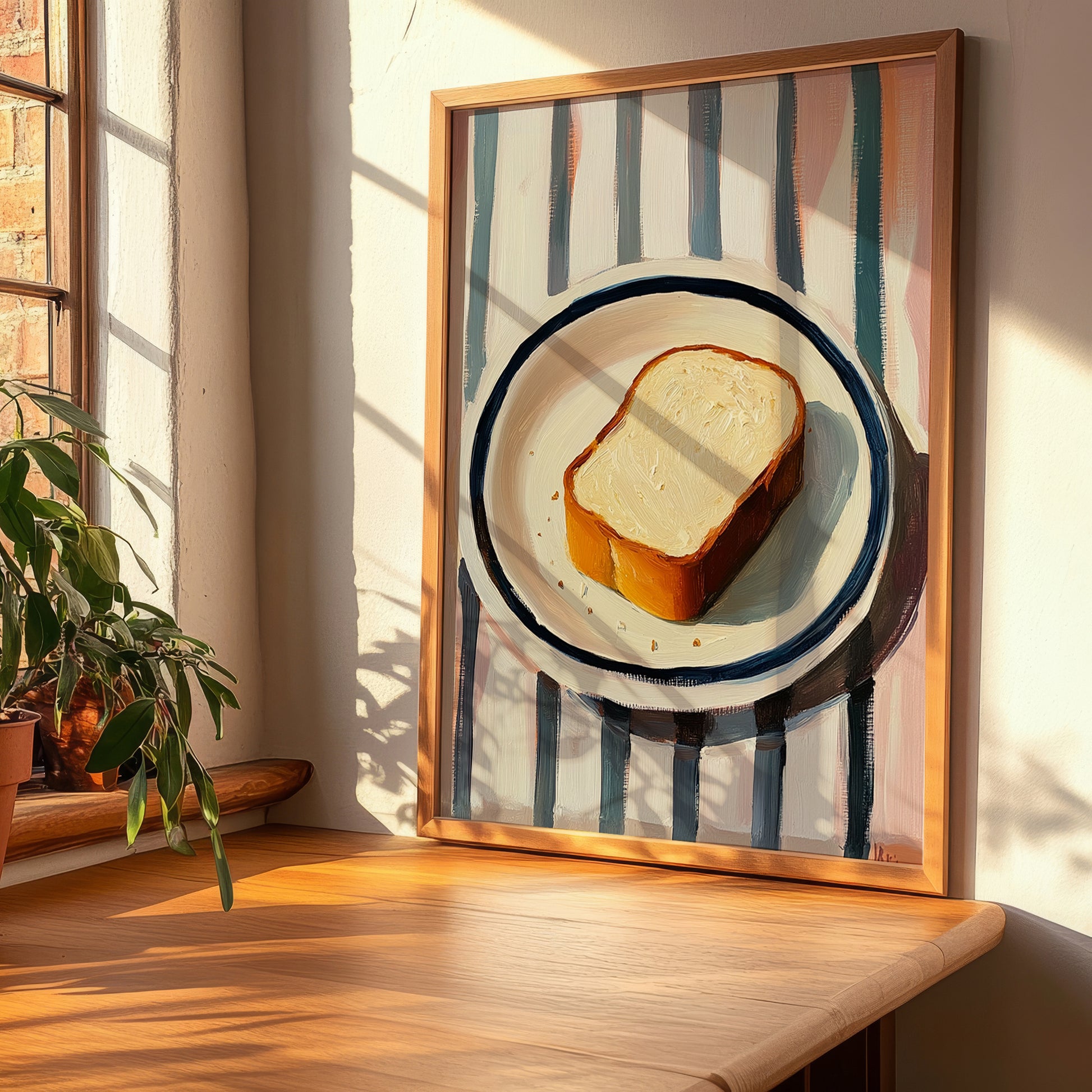 White Bread – on Striped Tablecloth, American Food Print, clean layout with no caption