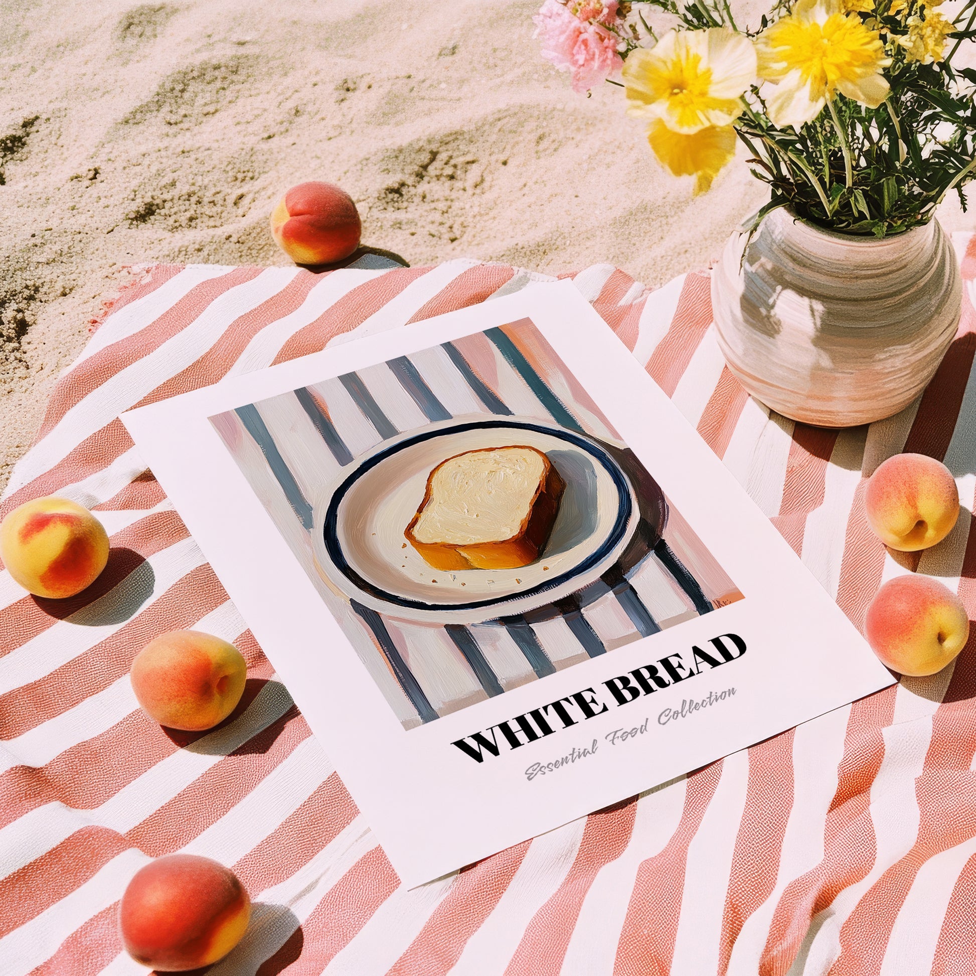 White Bread – on Striped Tablecloth, American Food Print, unframed on coastal sand
