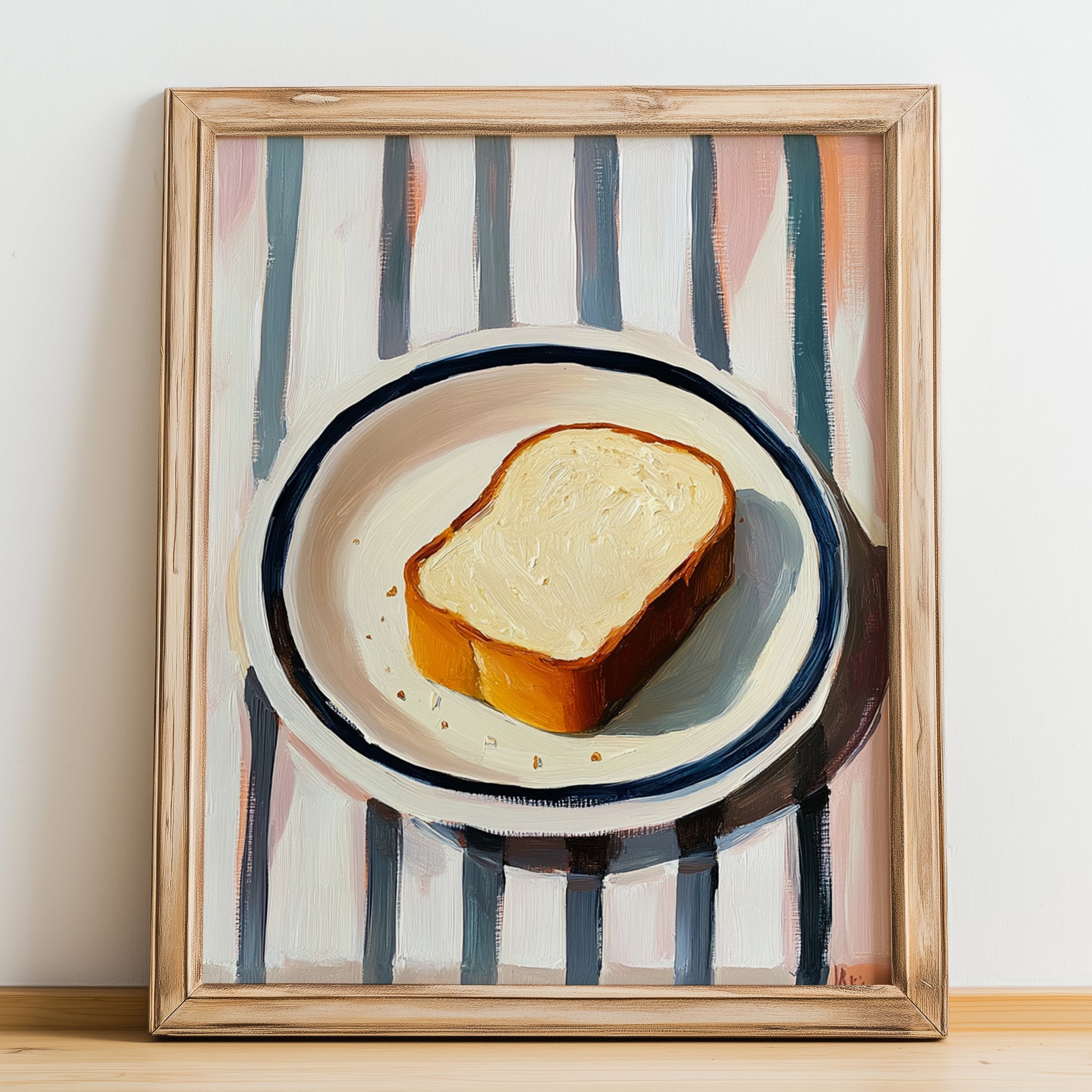 White Bread – on Striped Tablecloth, American Food Print, no-text version framed in wood