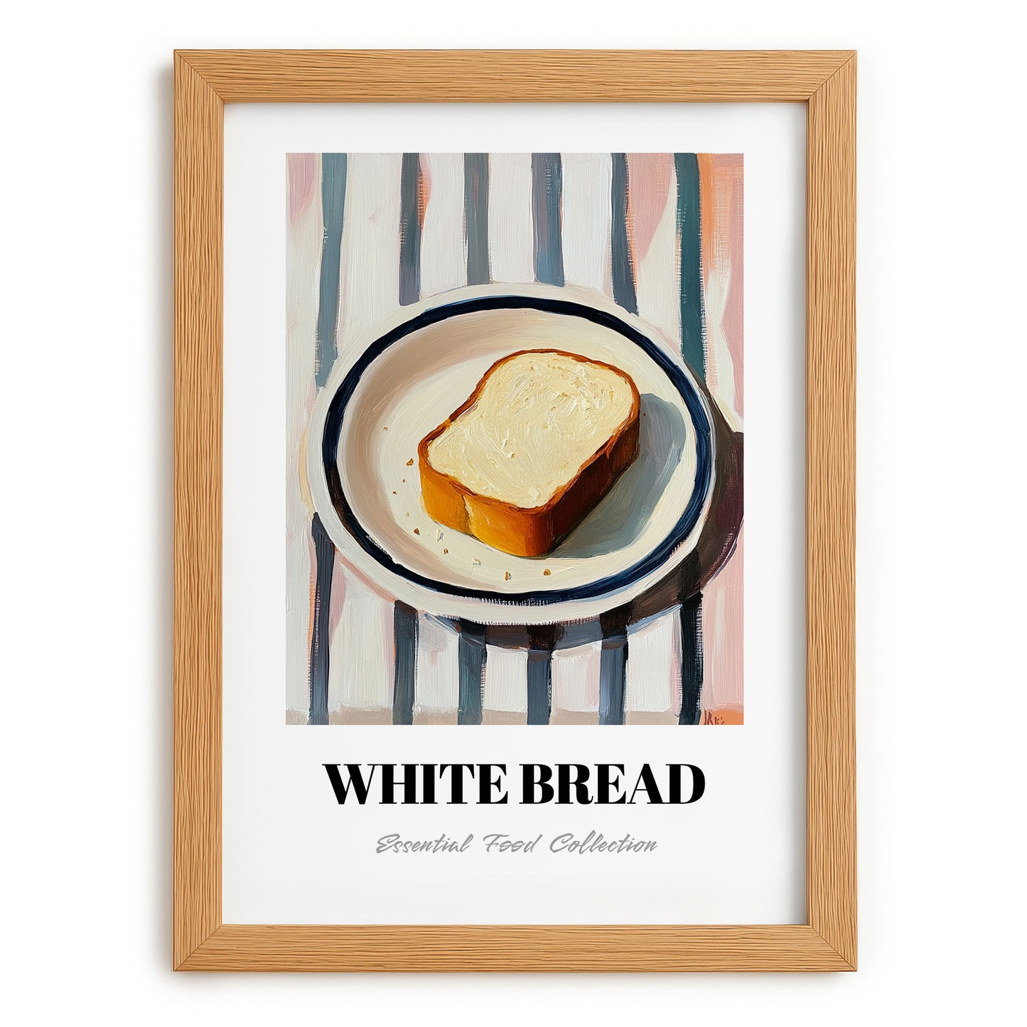 White Bread – on Striped Tablecloth, American Food Print, set in oak frame