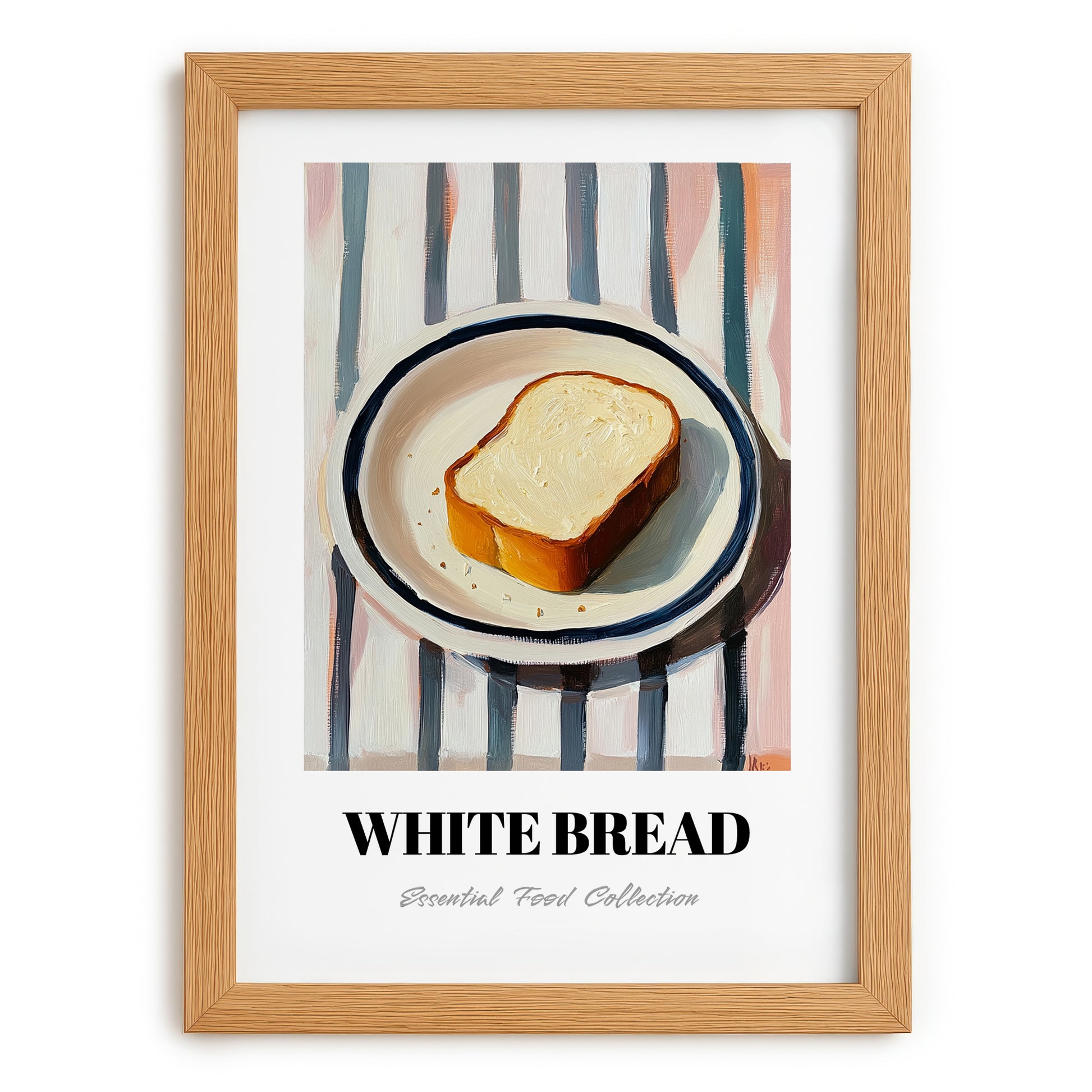 White Bread – on Striped Tablecloth, American Food Print, set in oak frame