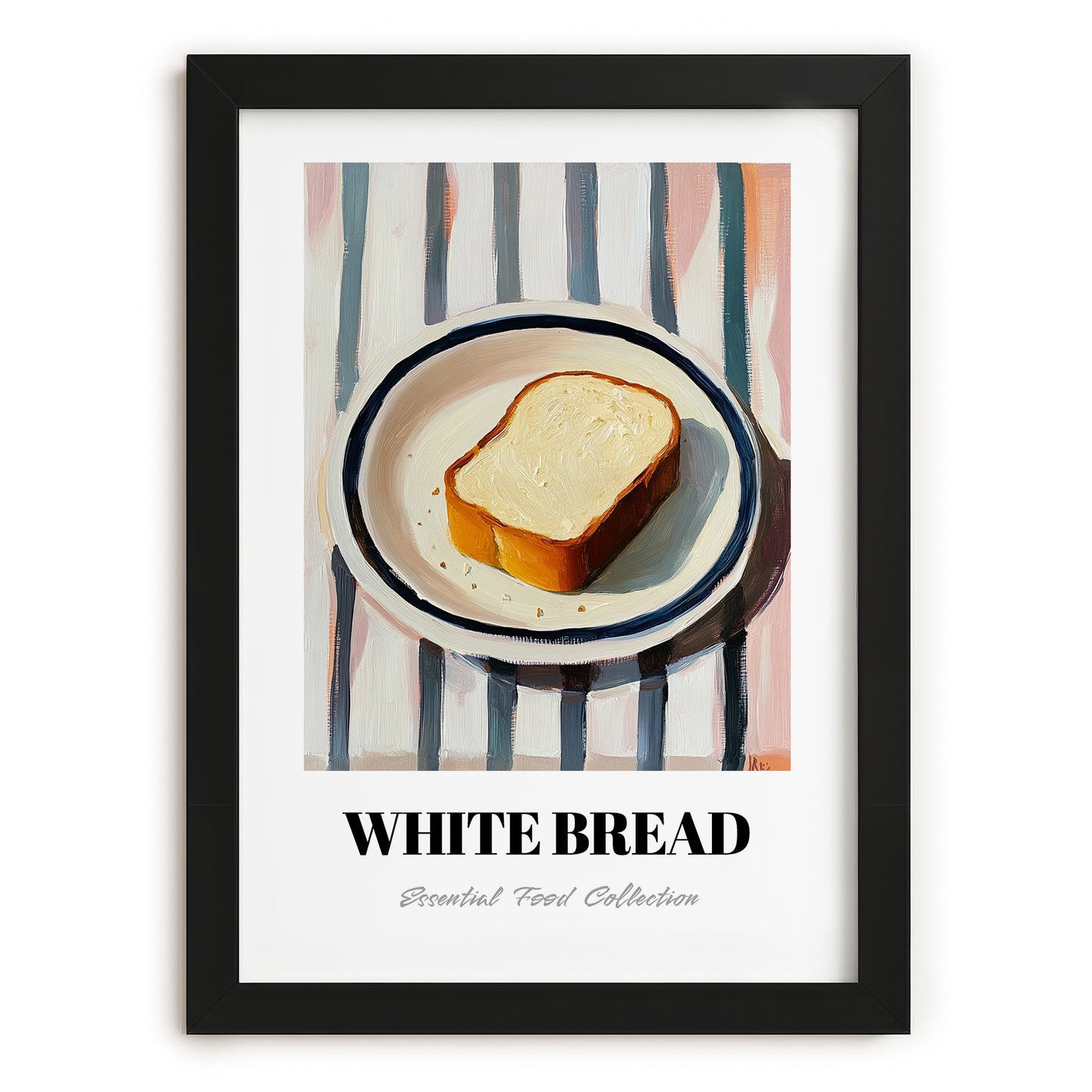 White Bread – on Striped Tablecloth, American Food Print, in sleek black frame