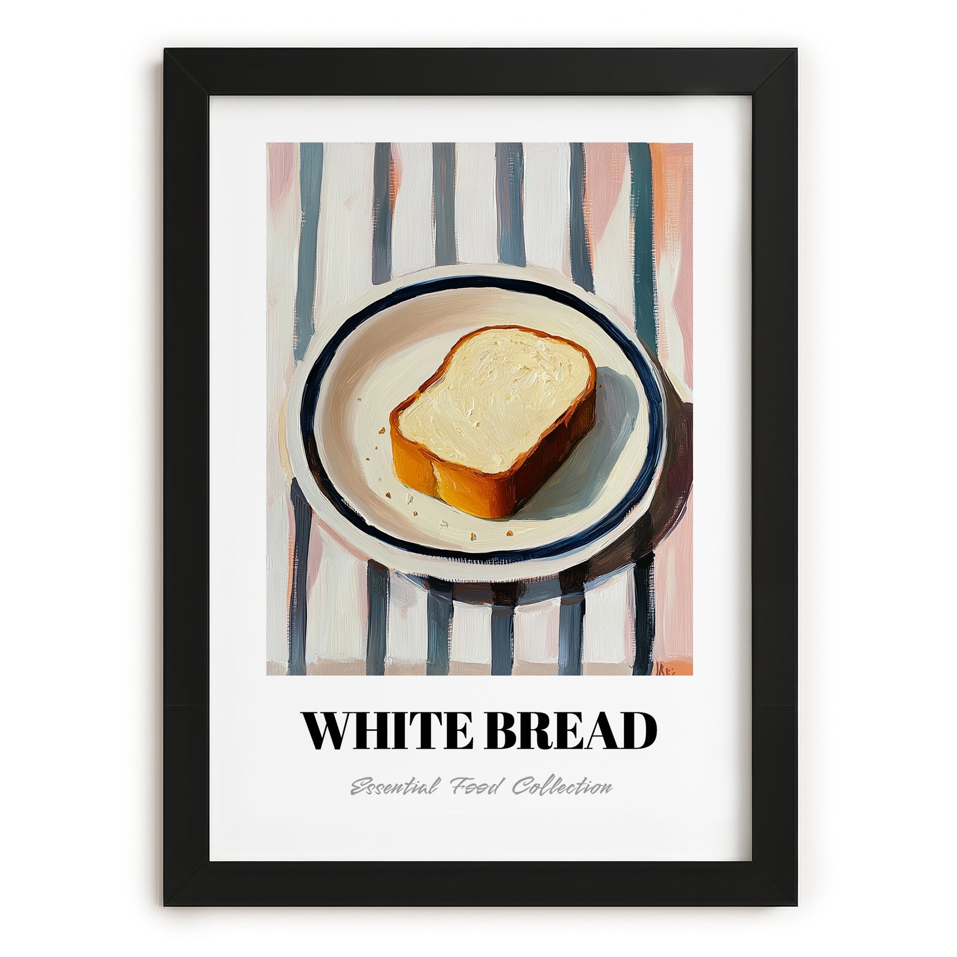 White Bread – on Striped Tablecloth, American Food Print, in sleek black frame