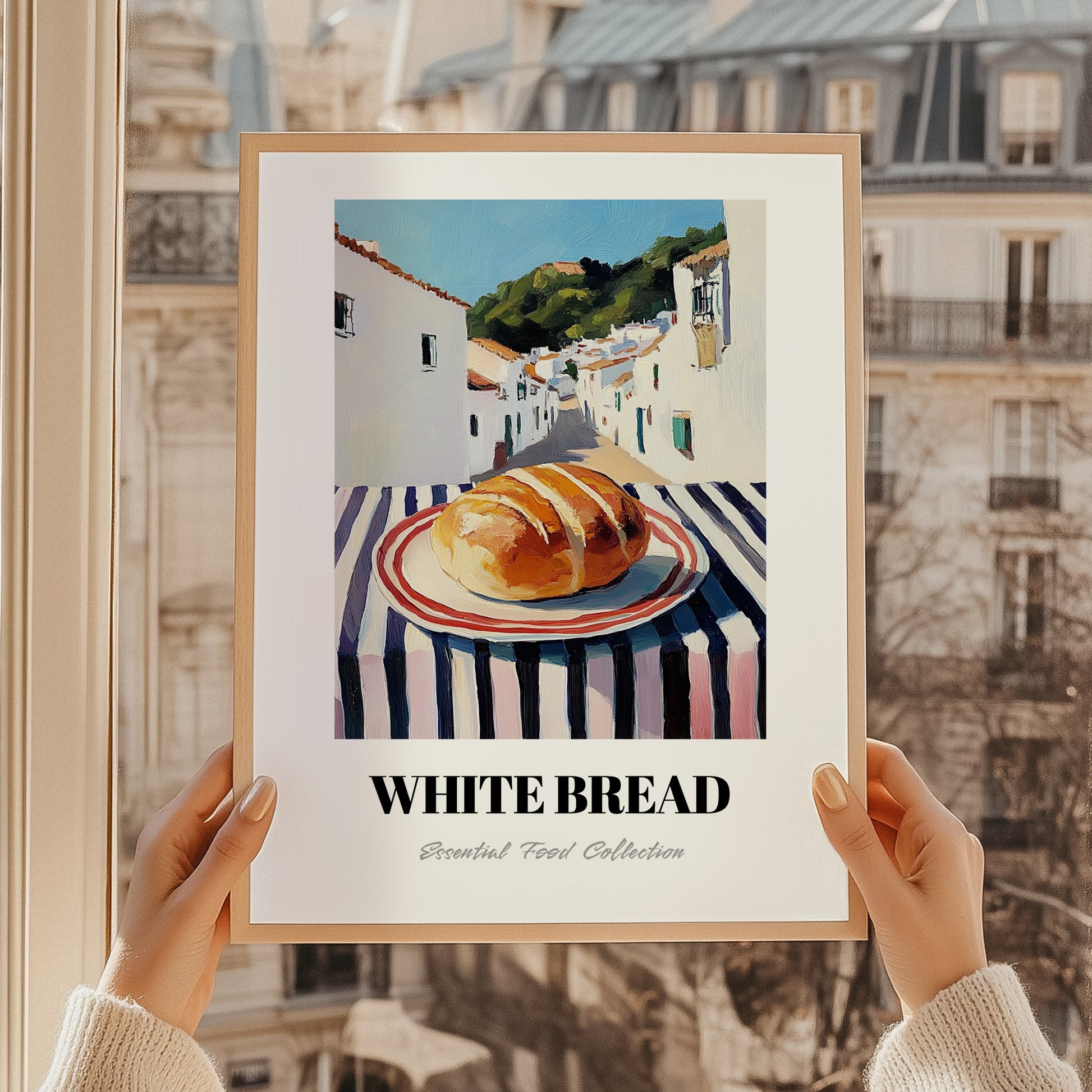 White Bread – White village Street Café Scene, American Food Print, styled in a charming Paris street view