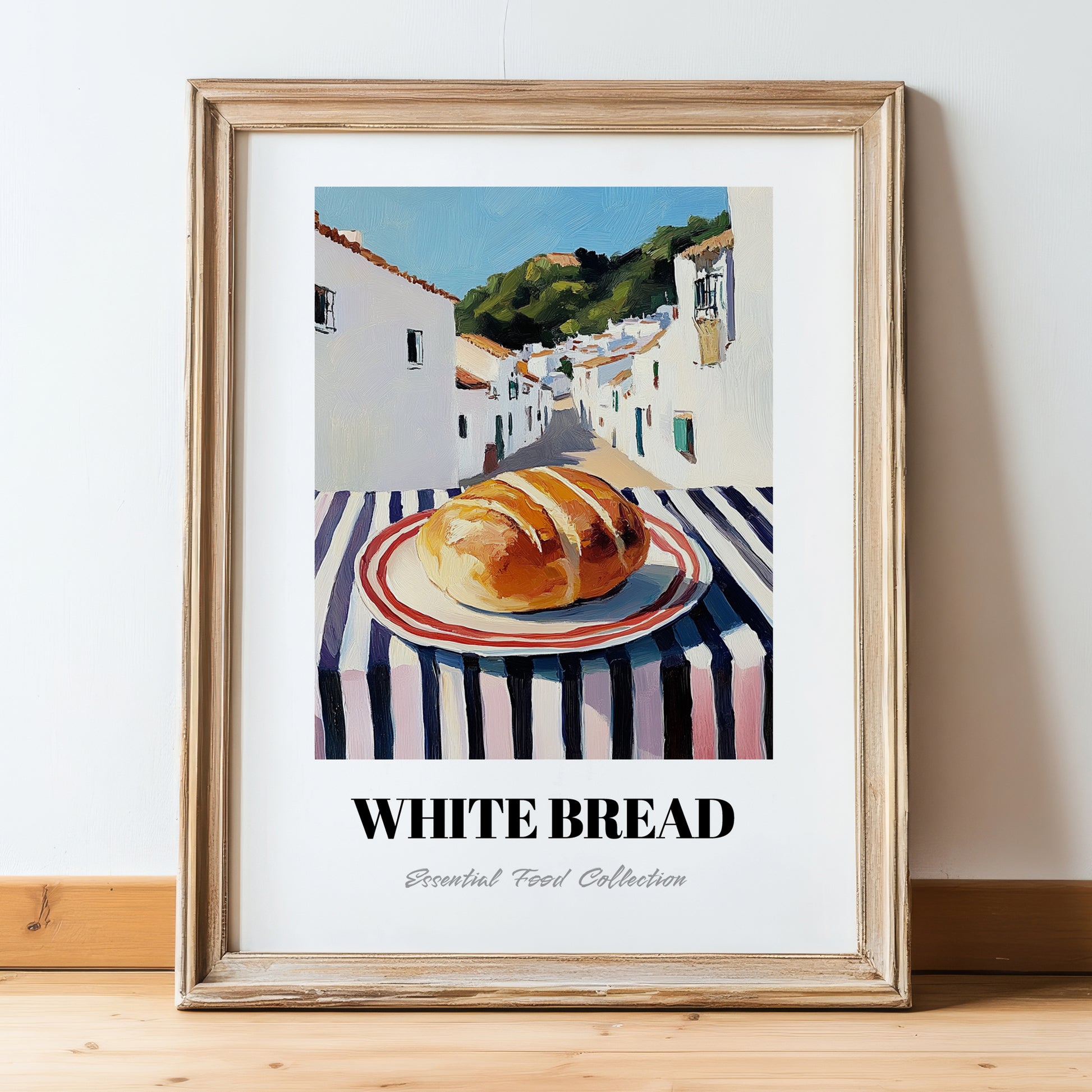 White Bread – White village Street Café Scene, American Food Print, in wooden frame leaning on the floor