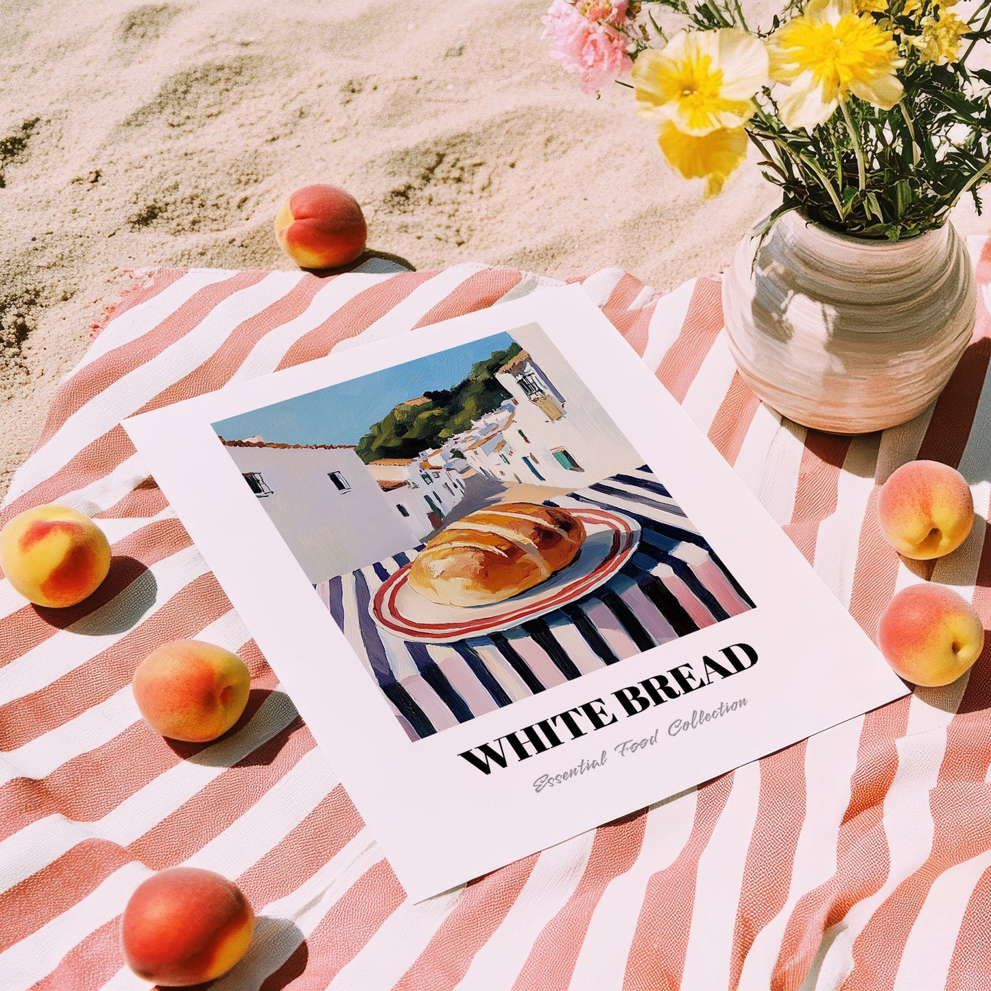 White Bread – White village Street Café Scene, American Food Print, unframed on coastal sand