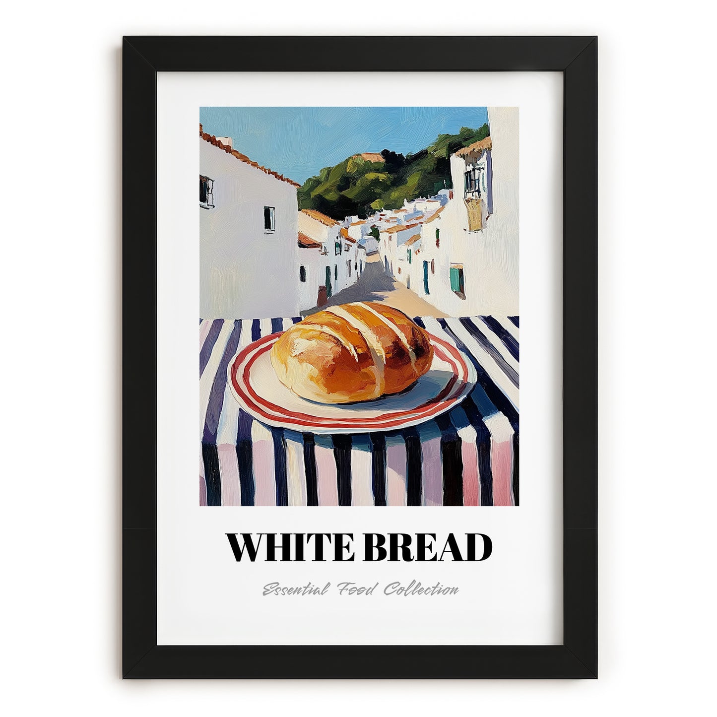 White Bread – White village Street Café Scene, American Food Print, in sleek black frame