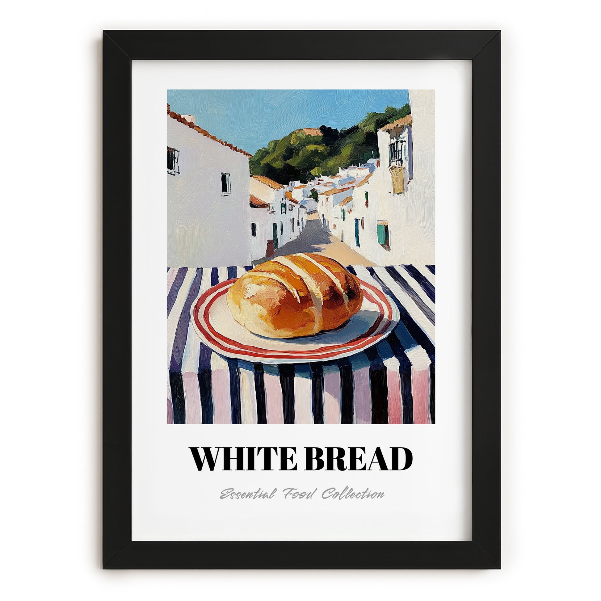 White Bread – White village Street Café Scene, American Food Print, in sleek black frame