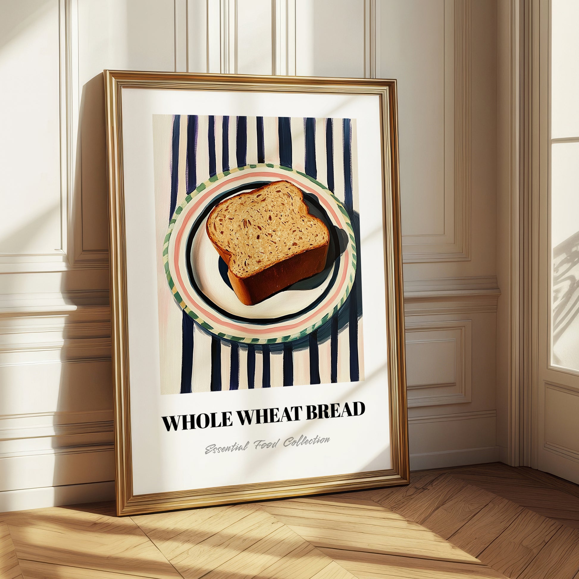 Whole Wheat Bread – on Striped Tablecloth, American Food Wall Art