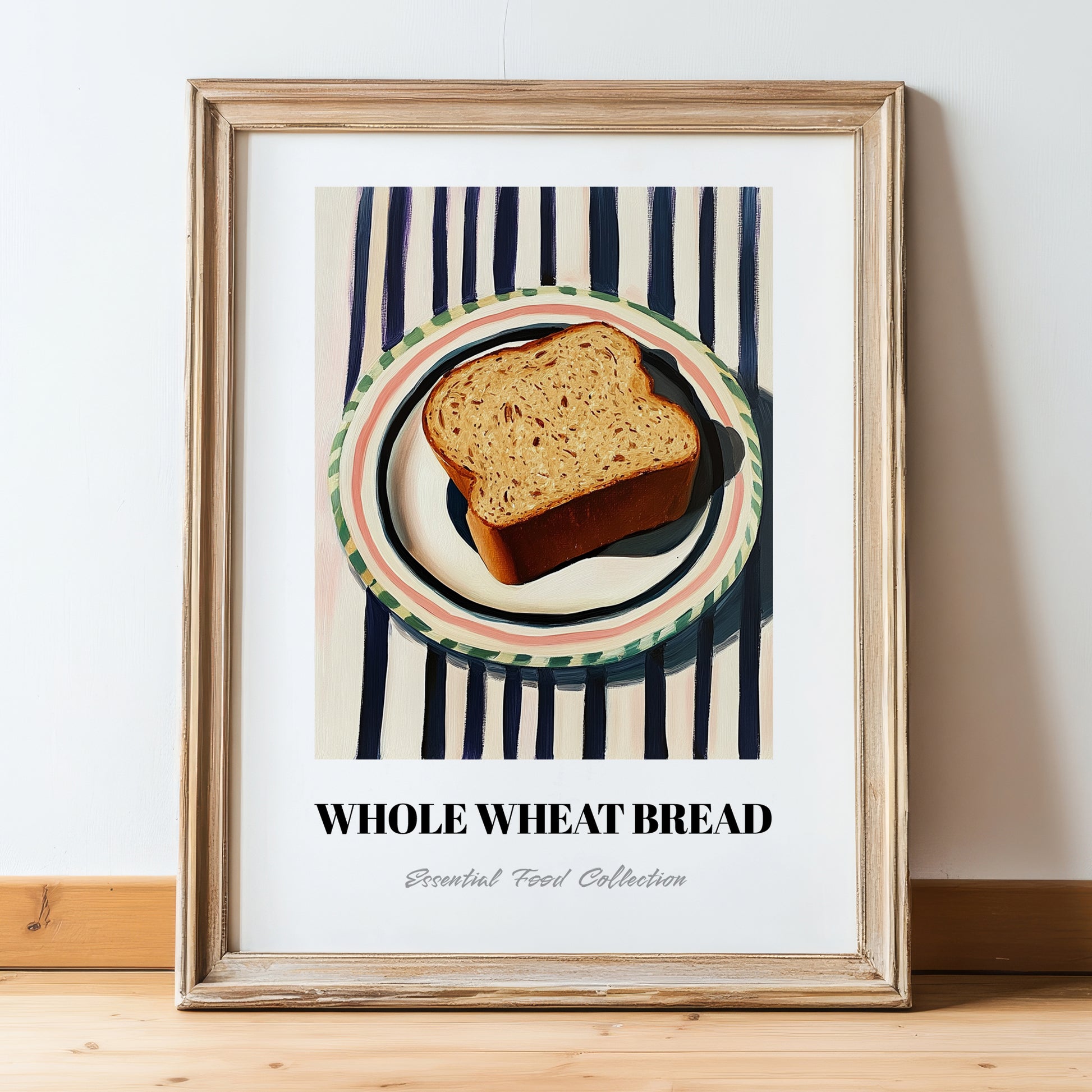 Whole Wheat Bread – on Striped Tablecloth, American Food Wall Art, in wooden frame leaning on the floor