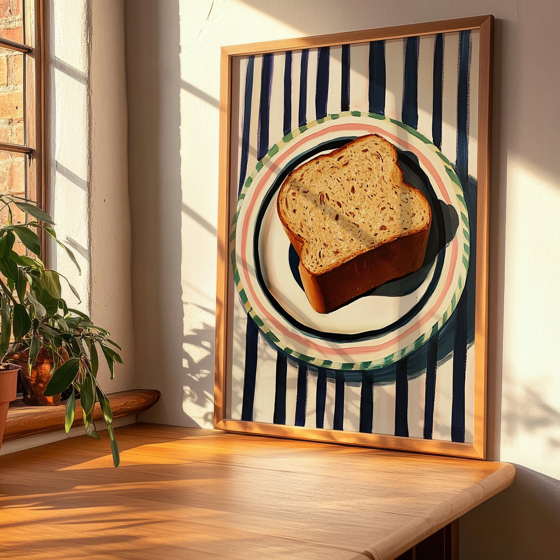 Whole Wheat Bread – on Striped Tablecloth, American Food Wall Art, clean layout with no caption