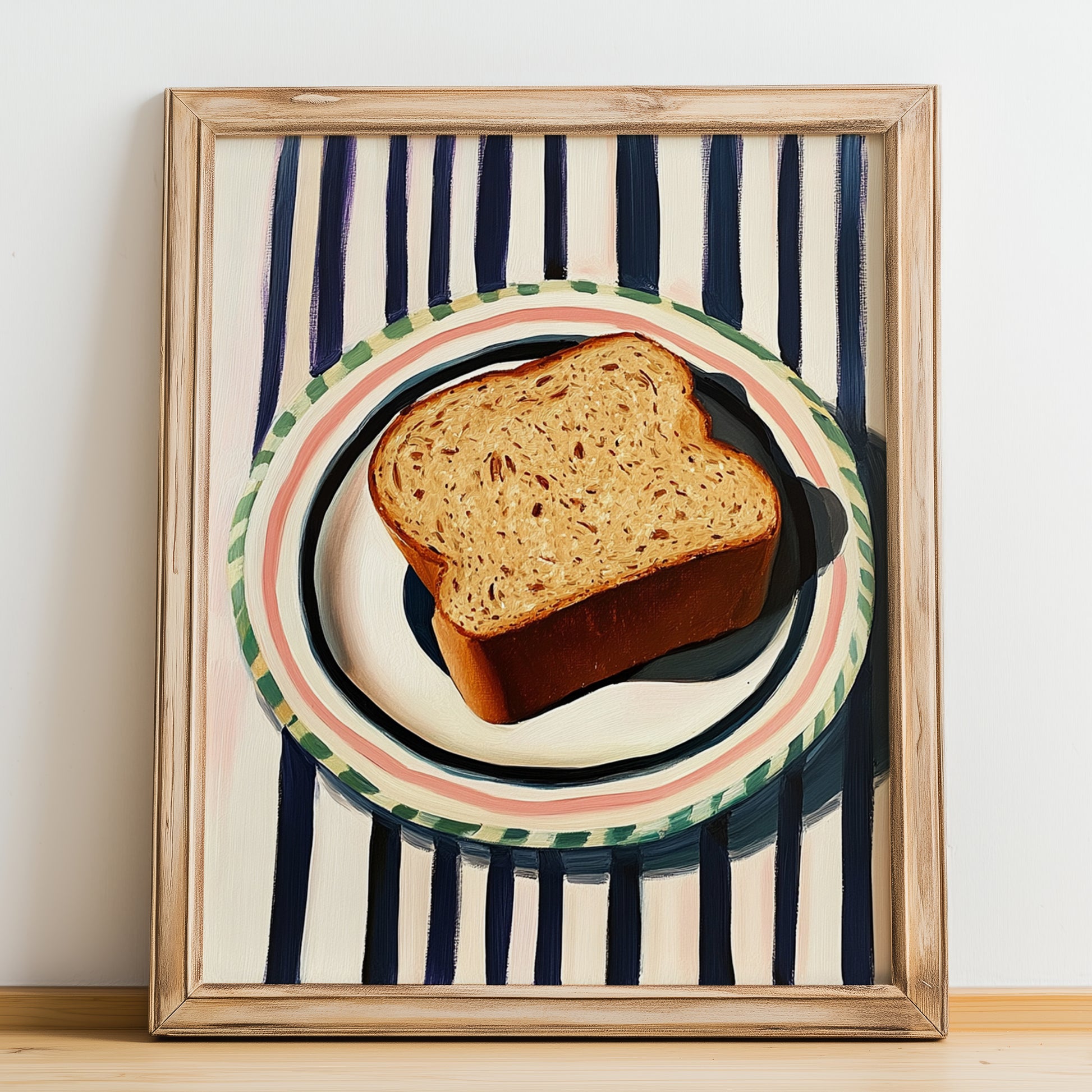 Whole Wheat Bread – on Striped Tablecloth, American Food Wall Art, no-text version framed in wood