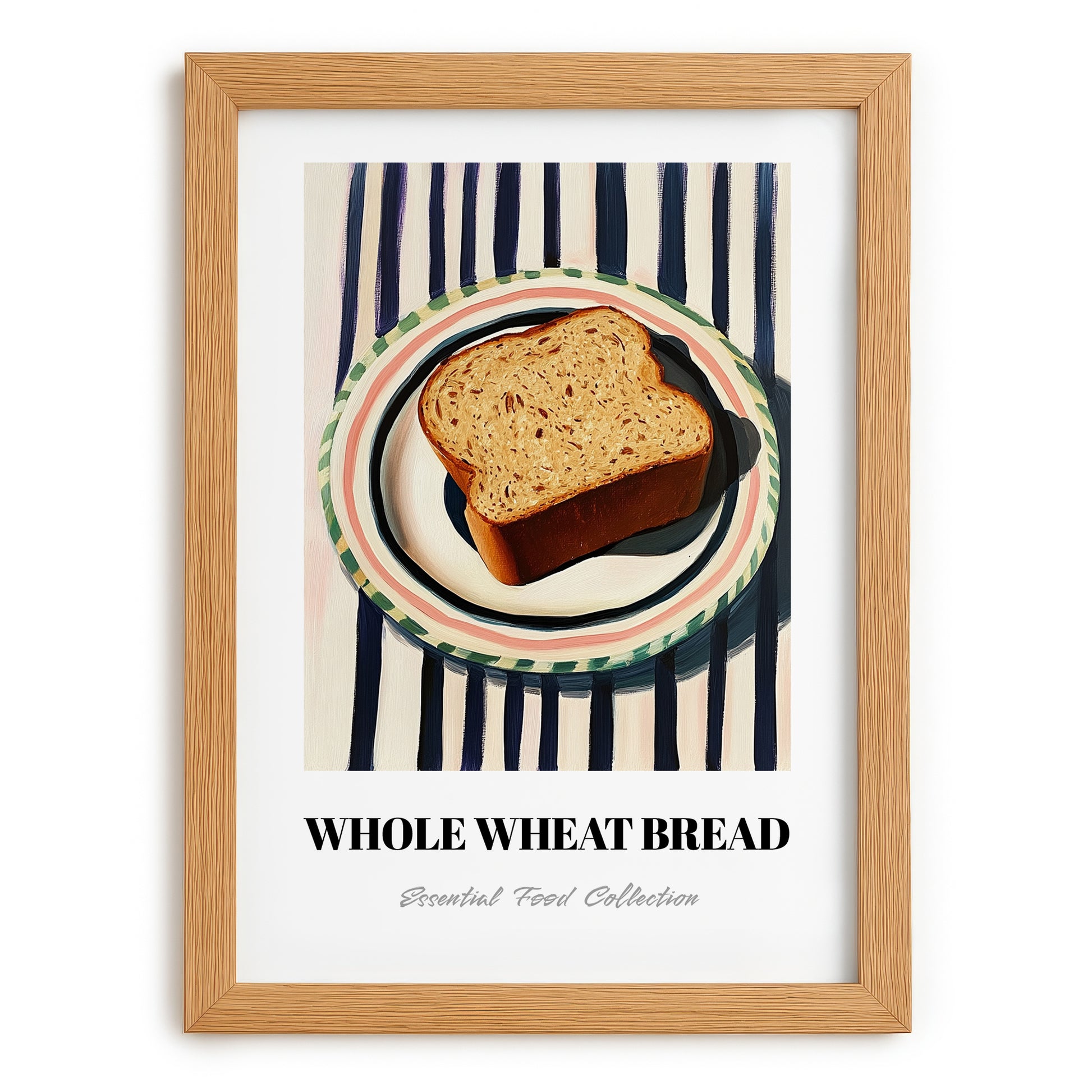 Whole Wheat Bread – on Striped Tablecloth, American Food Wall Art, set in oak frame