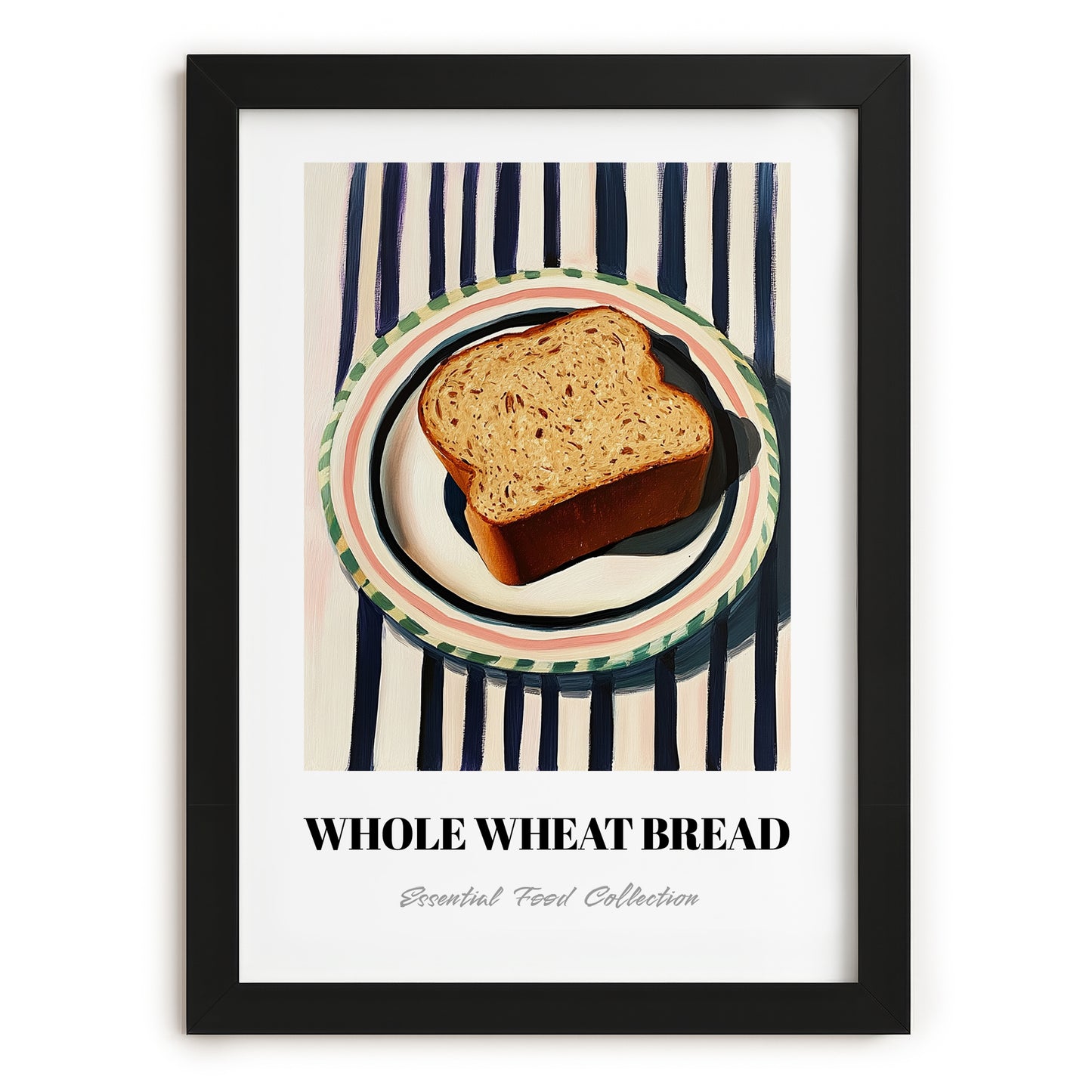 Whole Wheat Bread – on Striped Tablecloth, American Food Wall Art, in sleek black frame