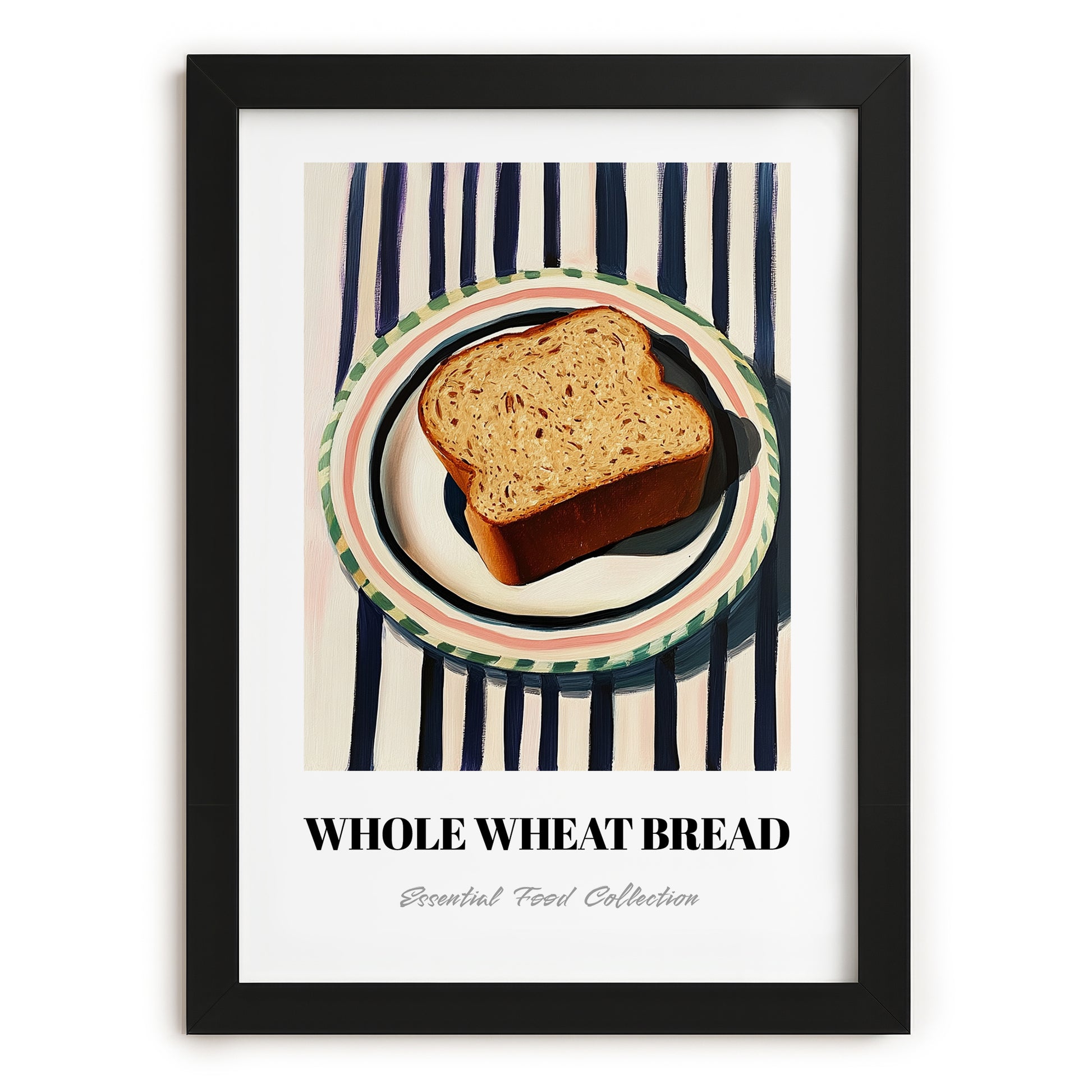 Whole Wheat Bread – on Striped Tablecloth, American Food Wall Art, in sleek black frame