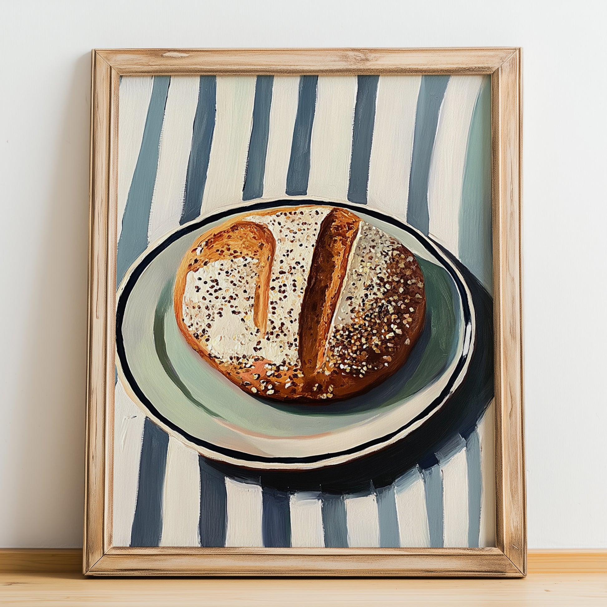 Multigrain Bread – on Striped Tablecloth, American Food Poster, no-text version framed in wood
