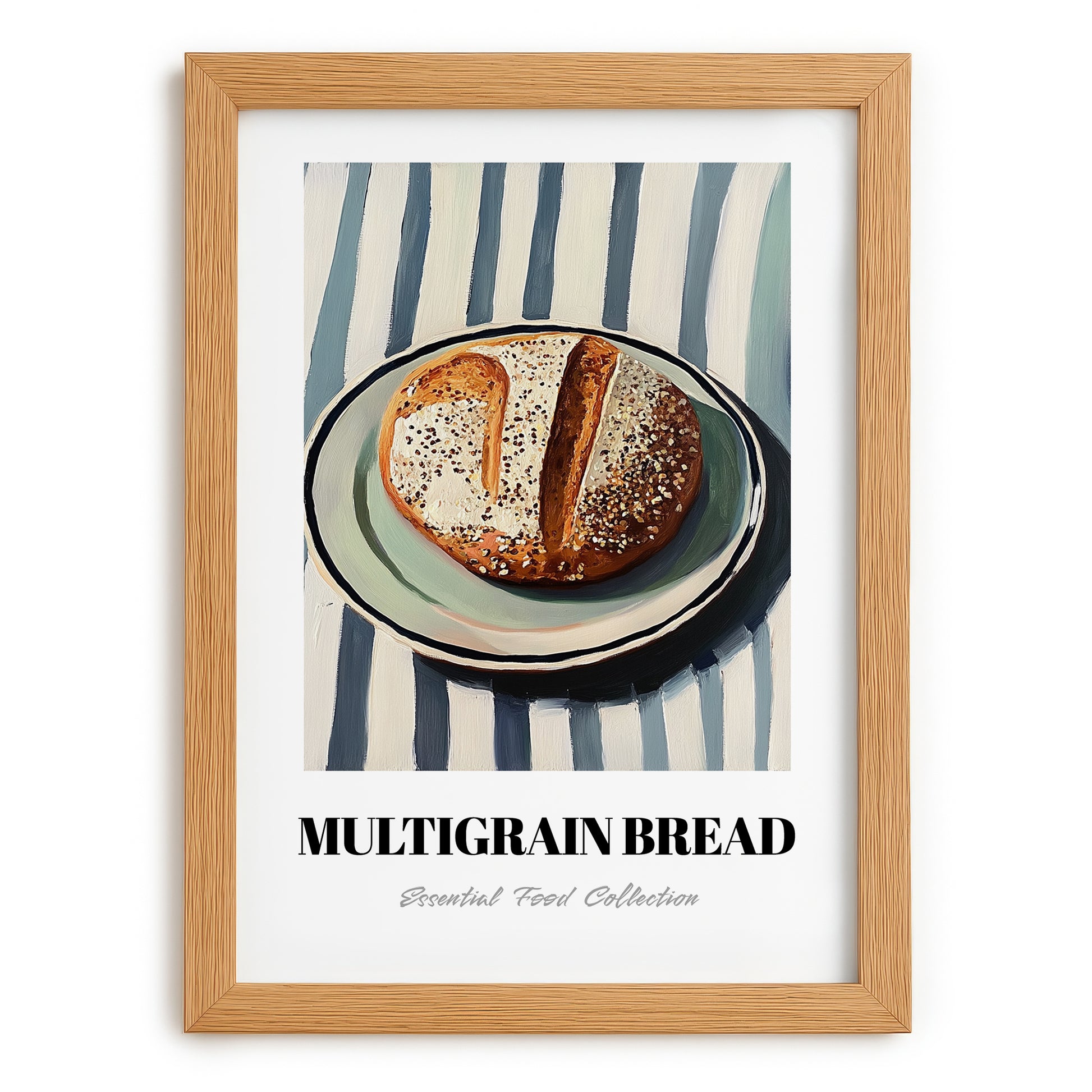 Multigrain Bread – on Striped Tablecloth, American Food Poster, set in oak frame