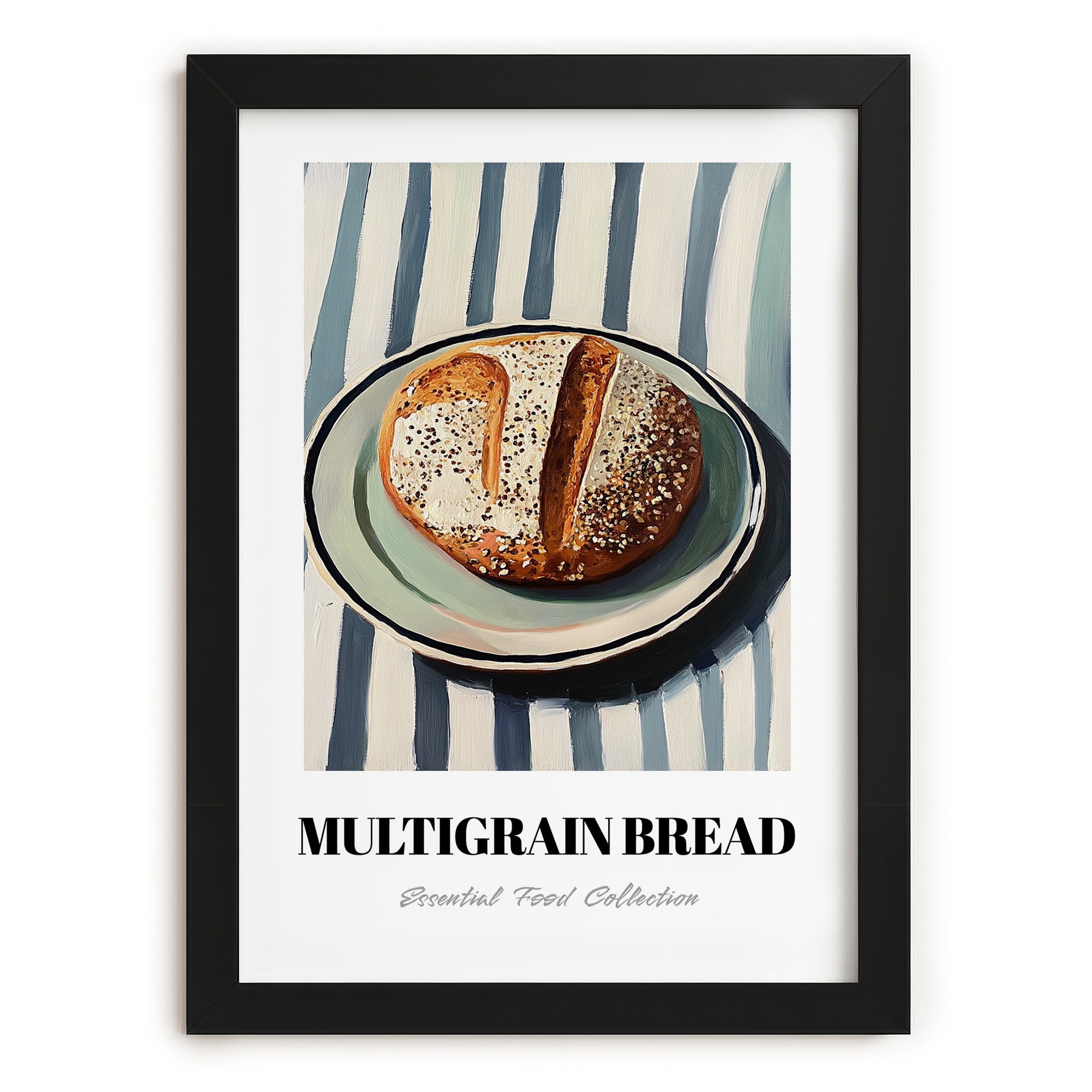 Multigrain Bread – on Striped Tablecloth, American Food Poster, in sleek black frame