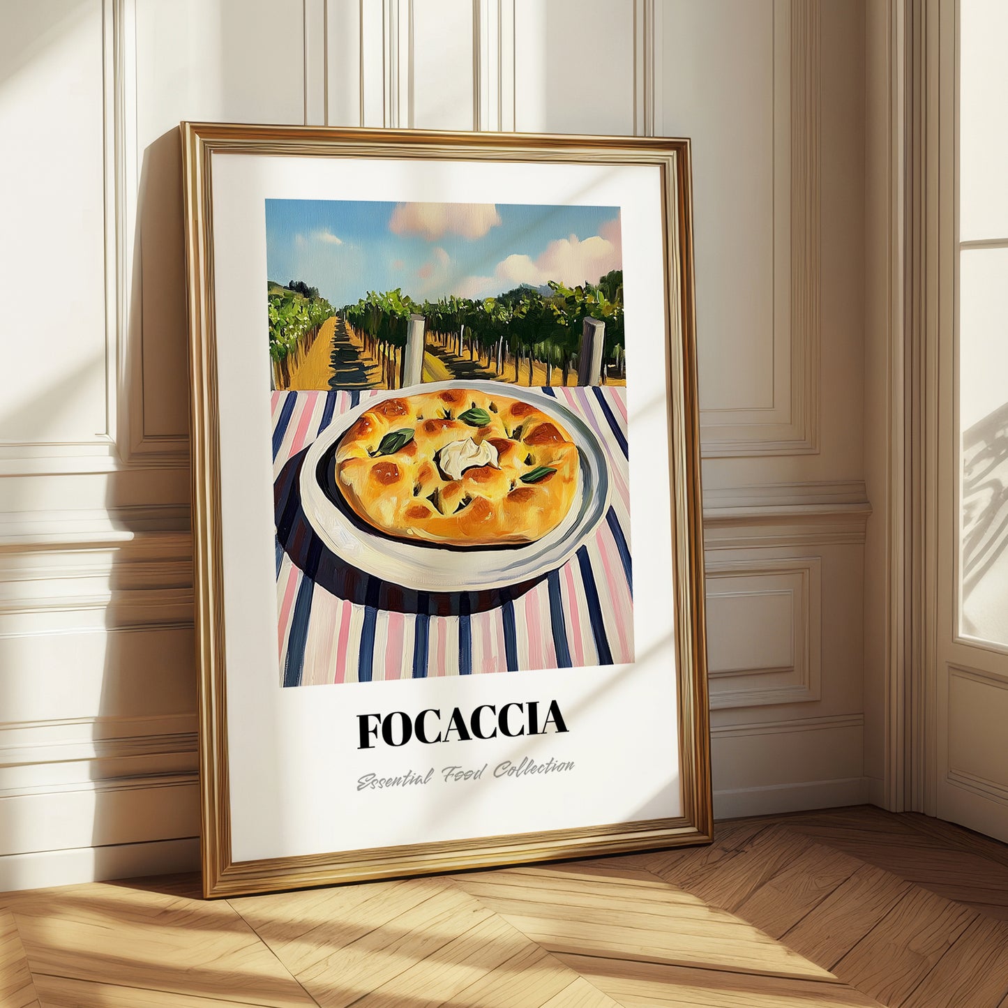 Focaccia – Hilltop Table Scene, Italian Food Illustration