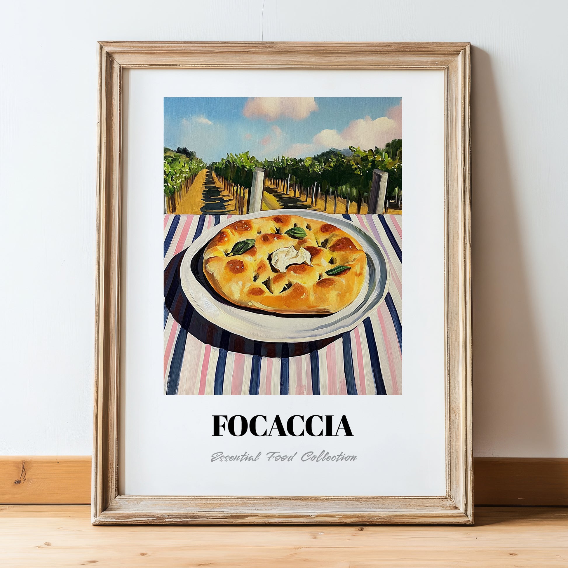 Focaccia – Hilltop Table Scene, Italian Food Illustration, in wooden frame leaning on the floor
