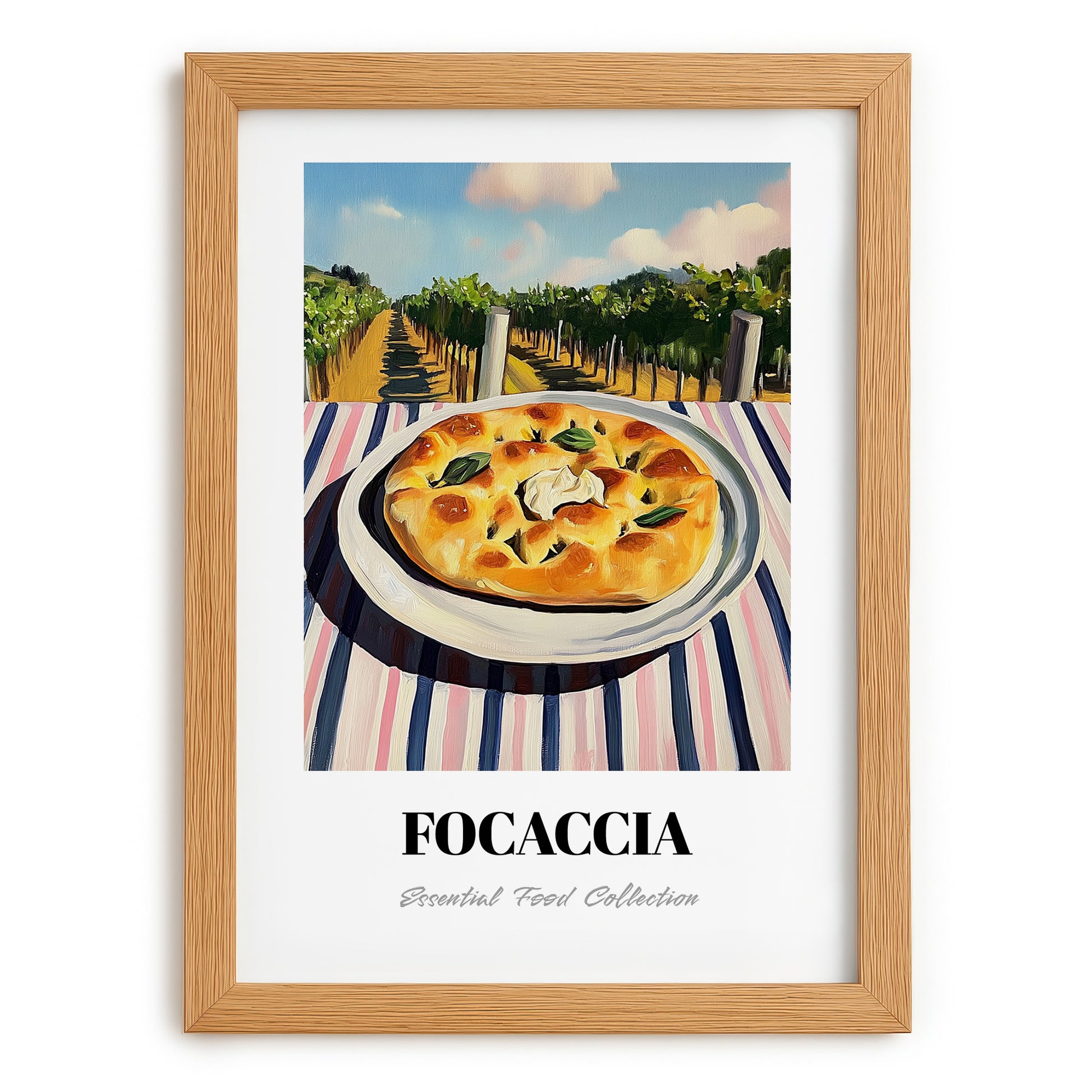 Focaccia – Hilltop Table Scene, Italian Food Illustration, set in oak frame