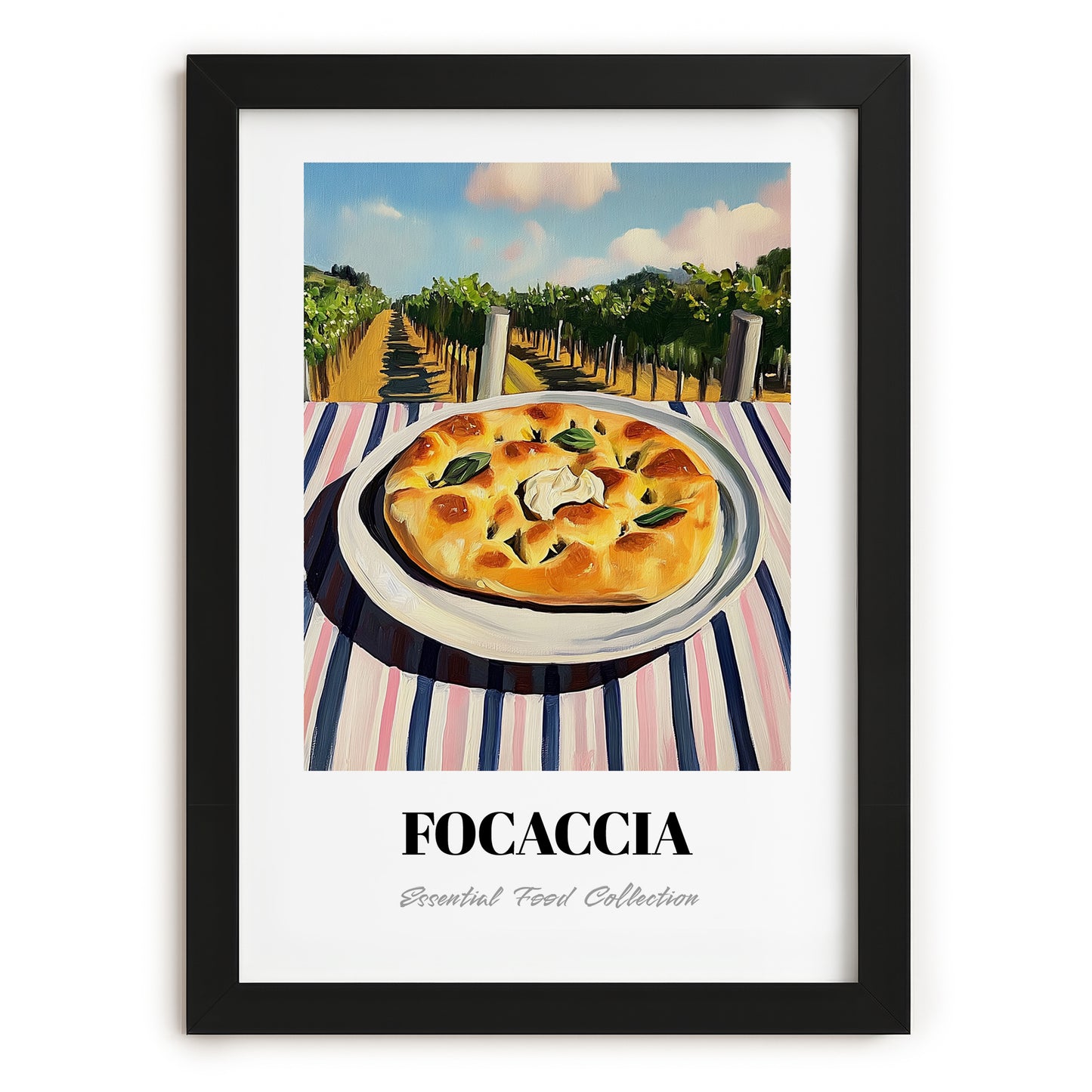 Focaccia – Hilltop Table Scene, Italian Food Illustration, in sleek black frame