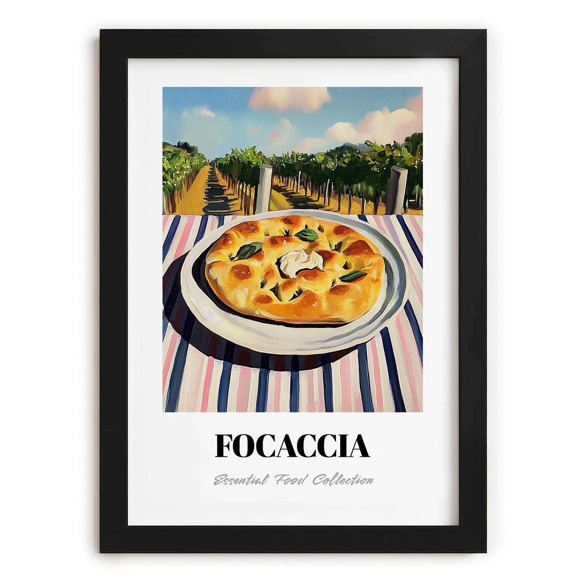Focaccia – Hilltop Table Scene, Italian Food Illustration, in sleek black frame
