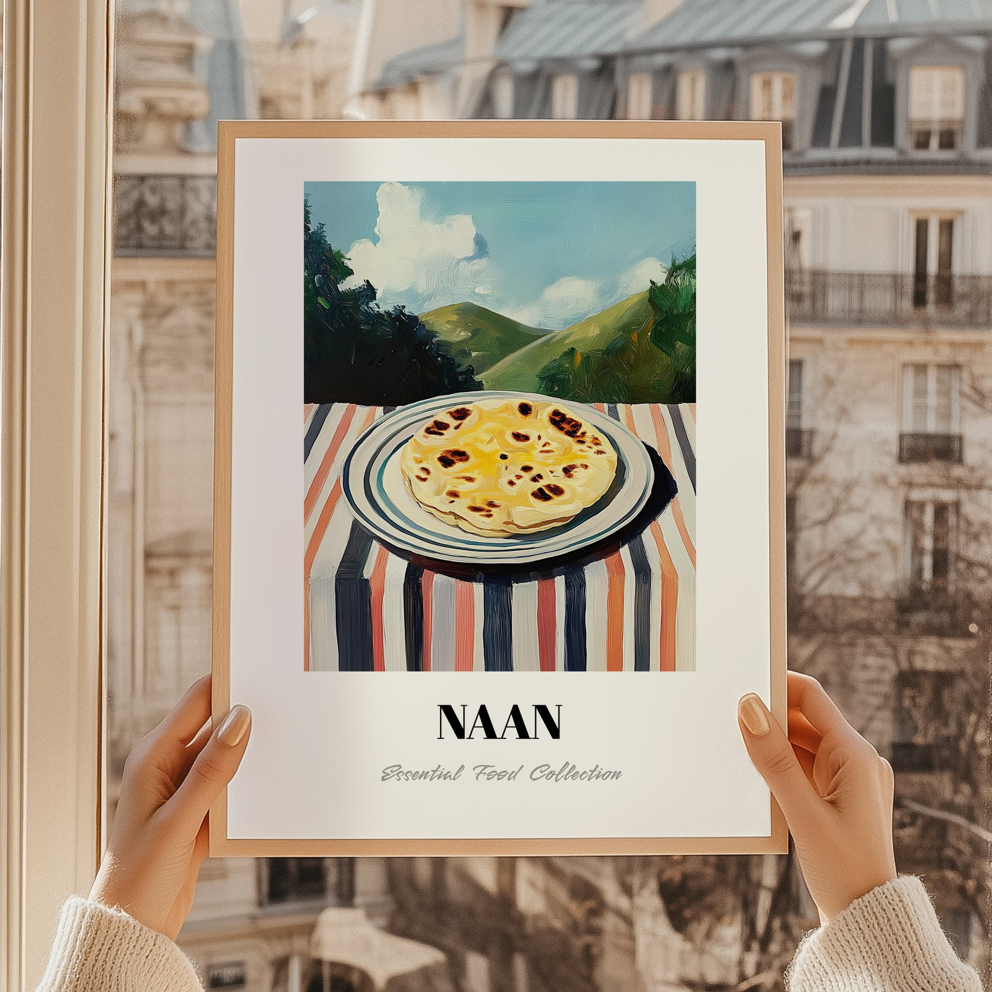 Naan – Hilltop Café Scene, Indian Food Wall Art, styled in a charming Paris street view